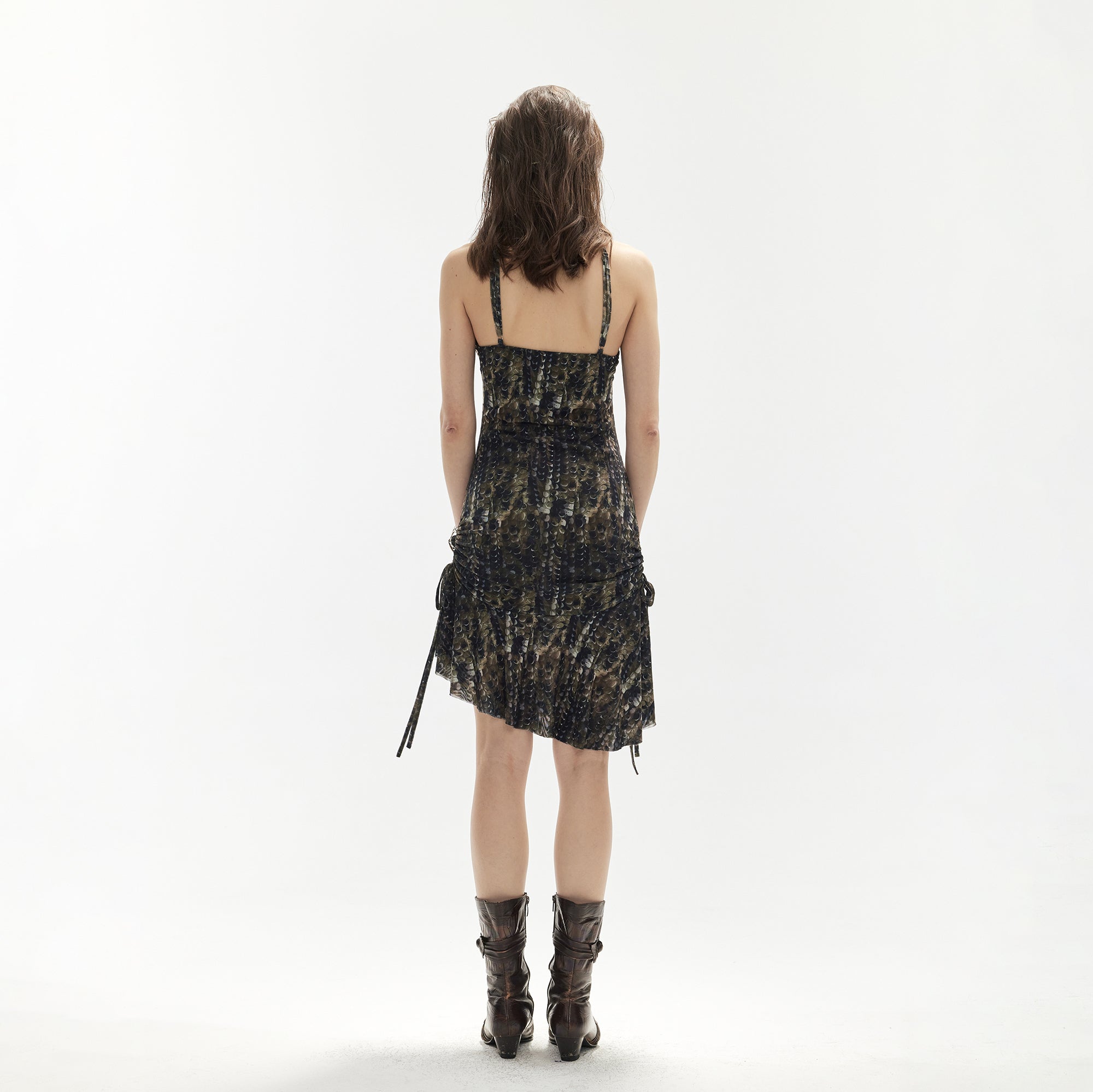 JIUWU PARK Ruched Wave Mesh Halter Dress