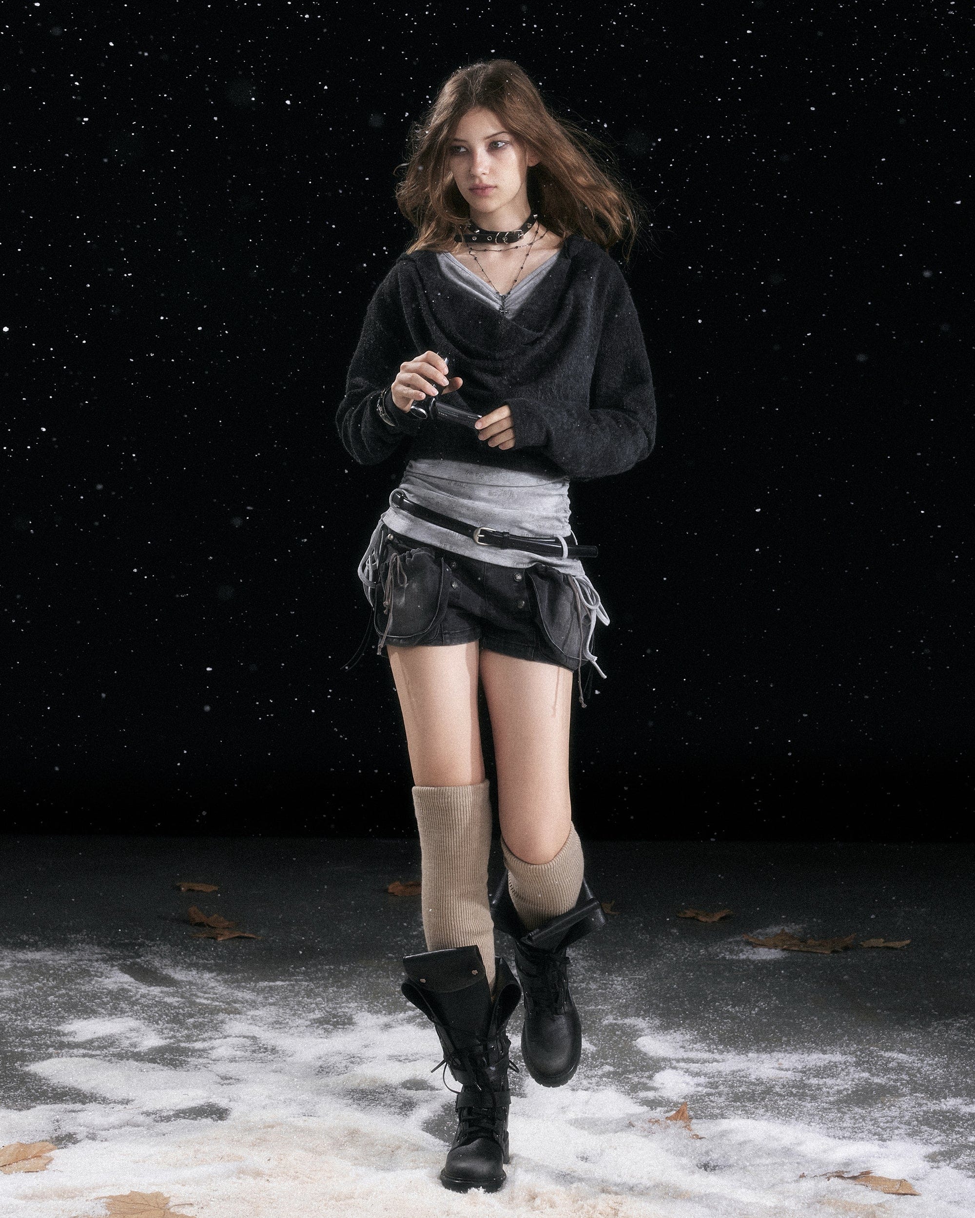 CESTNOUS Distressed Drape Layered Hooded Long-Sleeve Tee