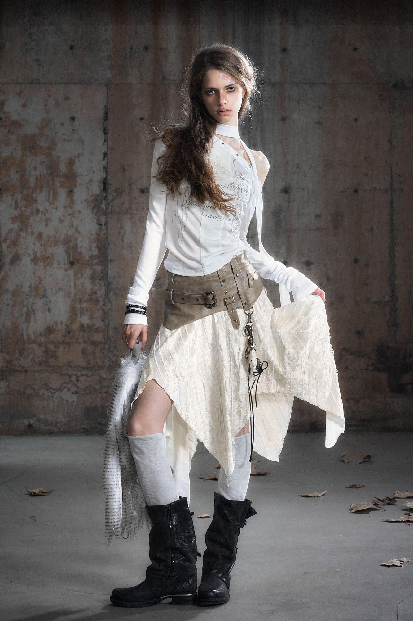 CESTNOUS Asymmetrical Belted Faux Leather Waist Skirt