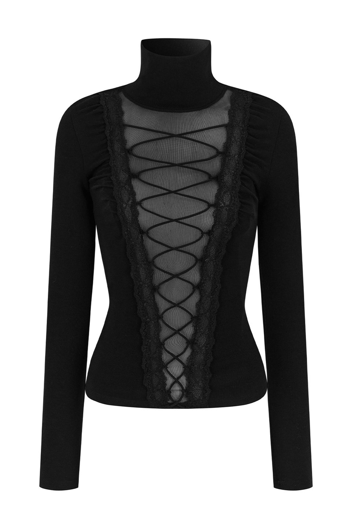 HIIMDAI Lace-Spliced Mesh Tie-Up Long-Sleeve Tee — flat lay · Classic Black