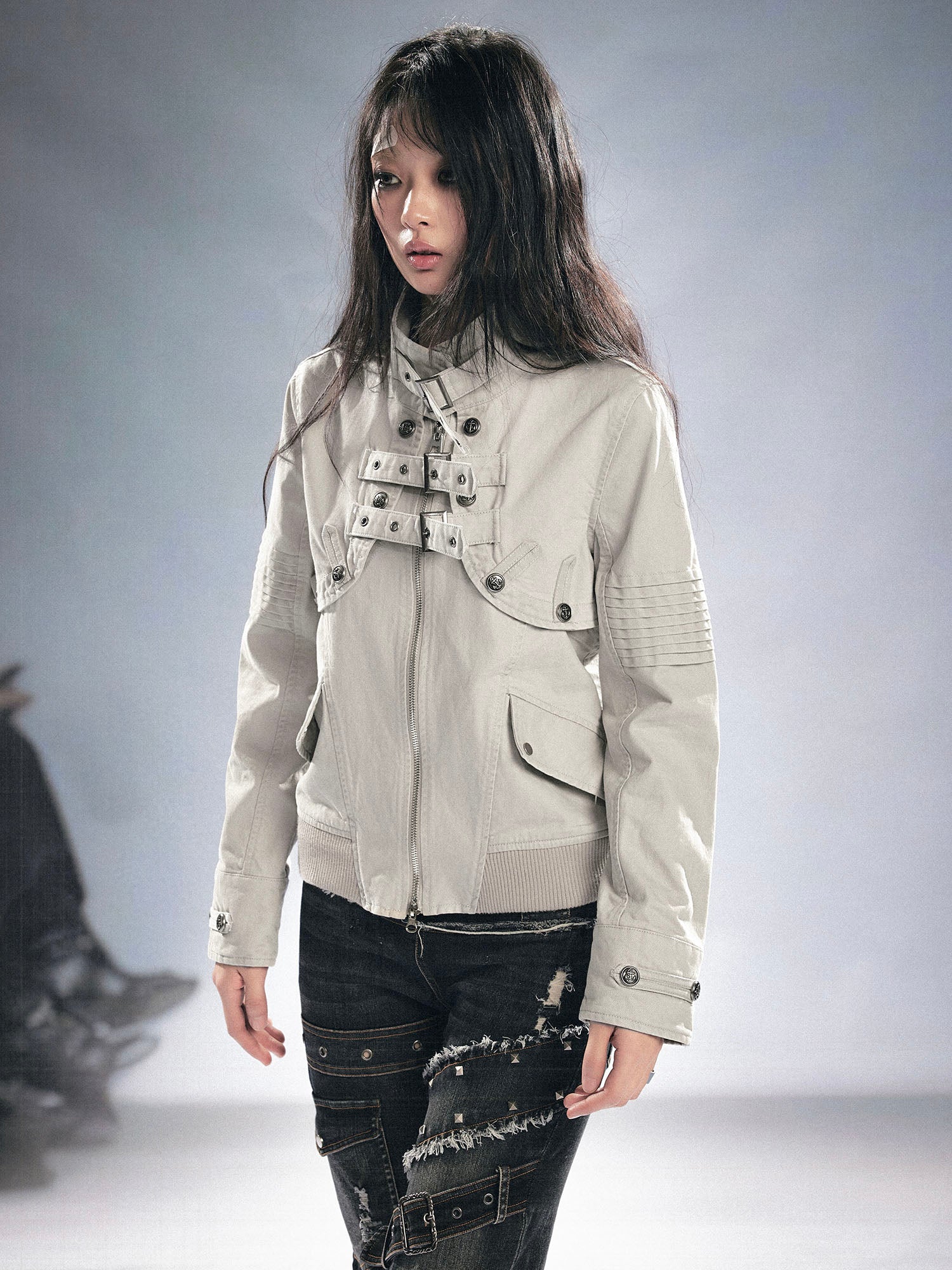 CESTNOUS Detachable Buckle-Strap Lace-Up Back Jacket