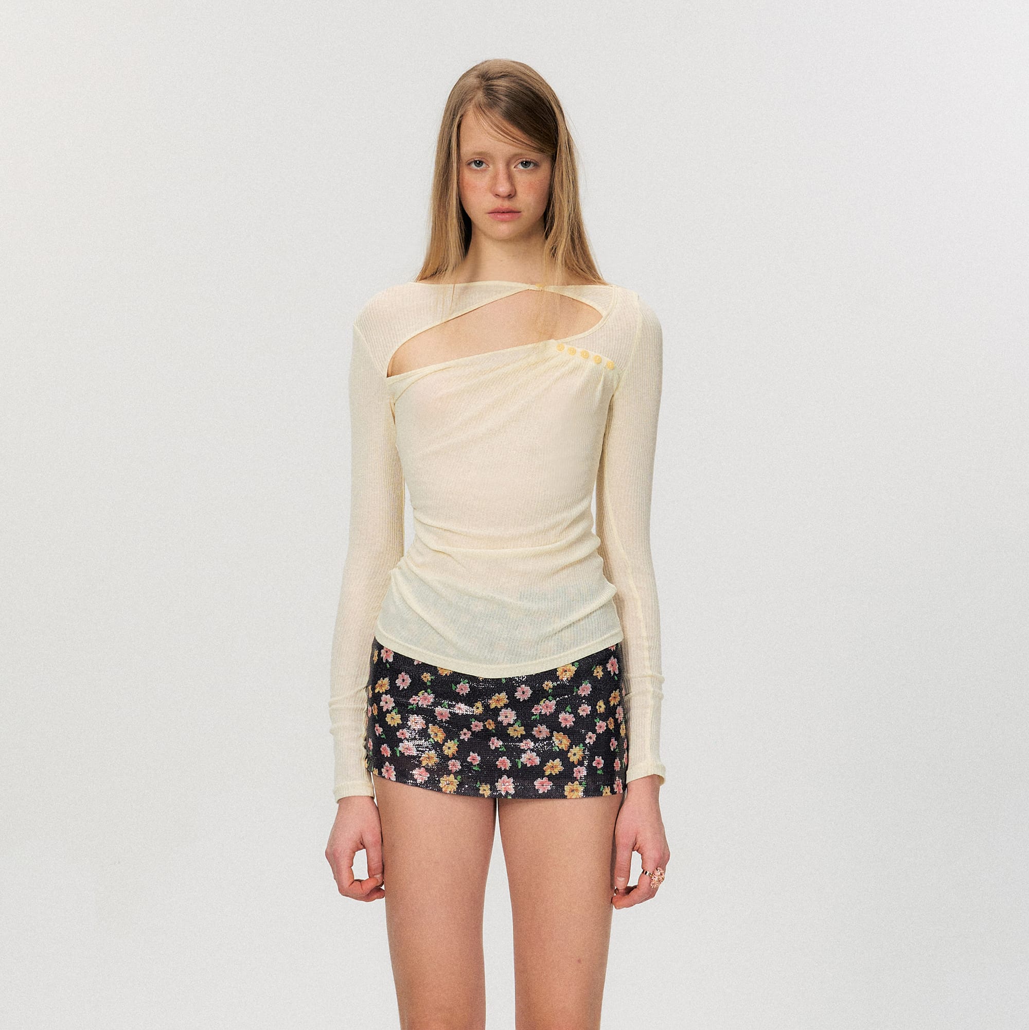 THE NEVERMORE Asymmetric Sheer Cutout Ruched Top