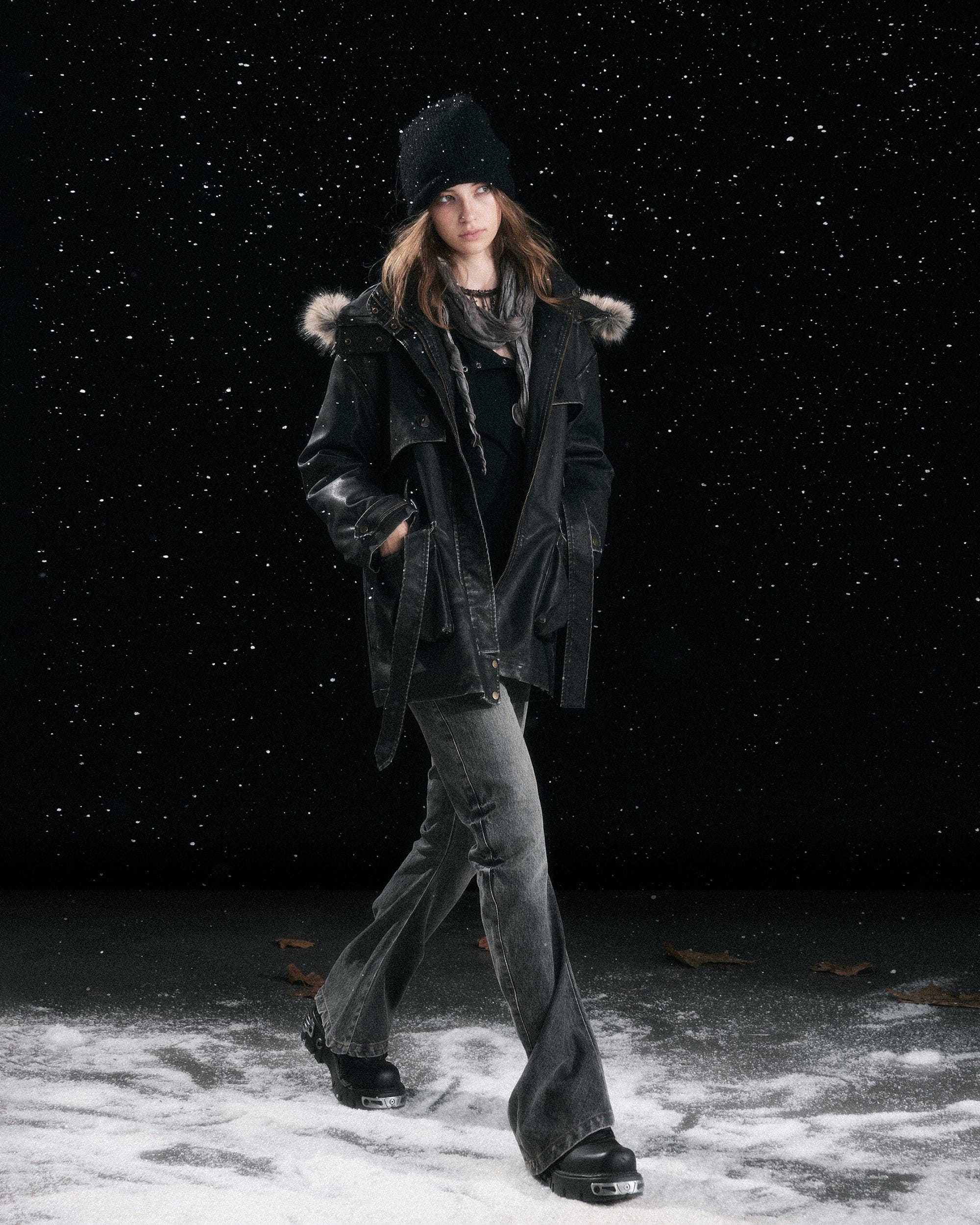 CESTNOUS Distressed Faux-Fur Hood PU Parka Jacket