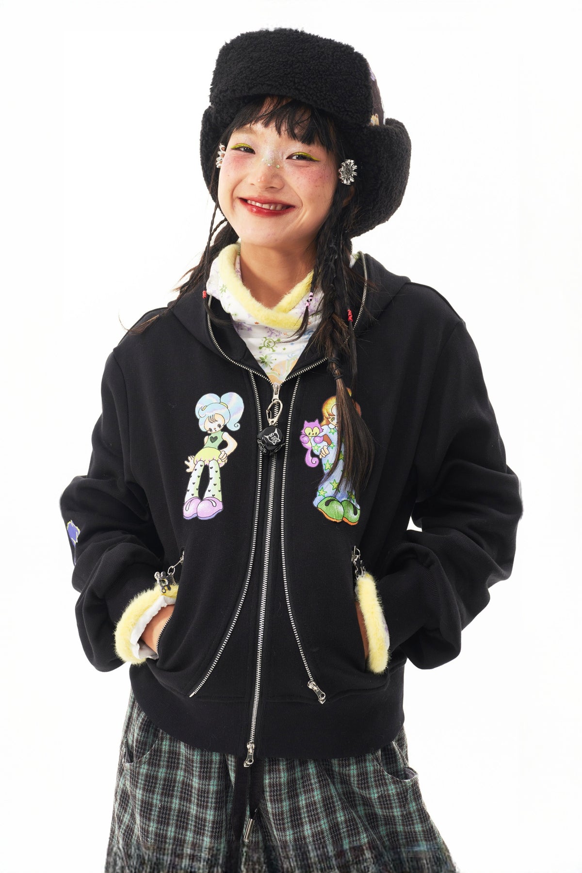 SILLYSIS Reversible Graphic Faux Sherpa Trapper Hat — half body · Black