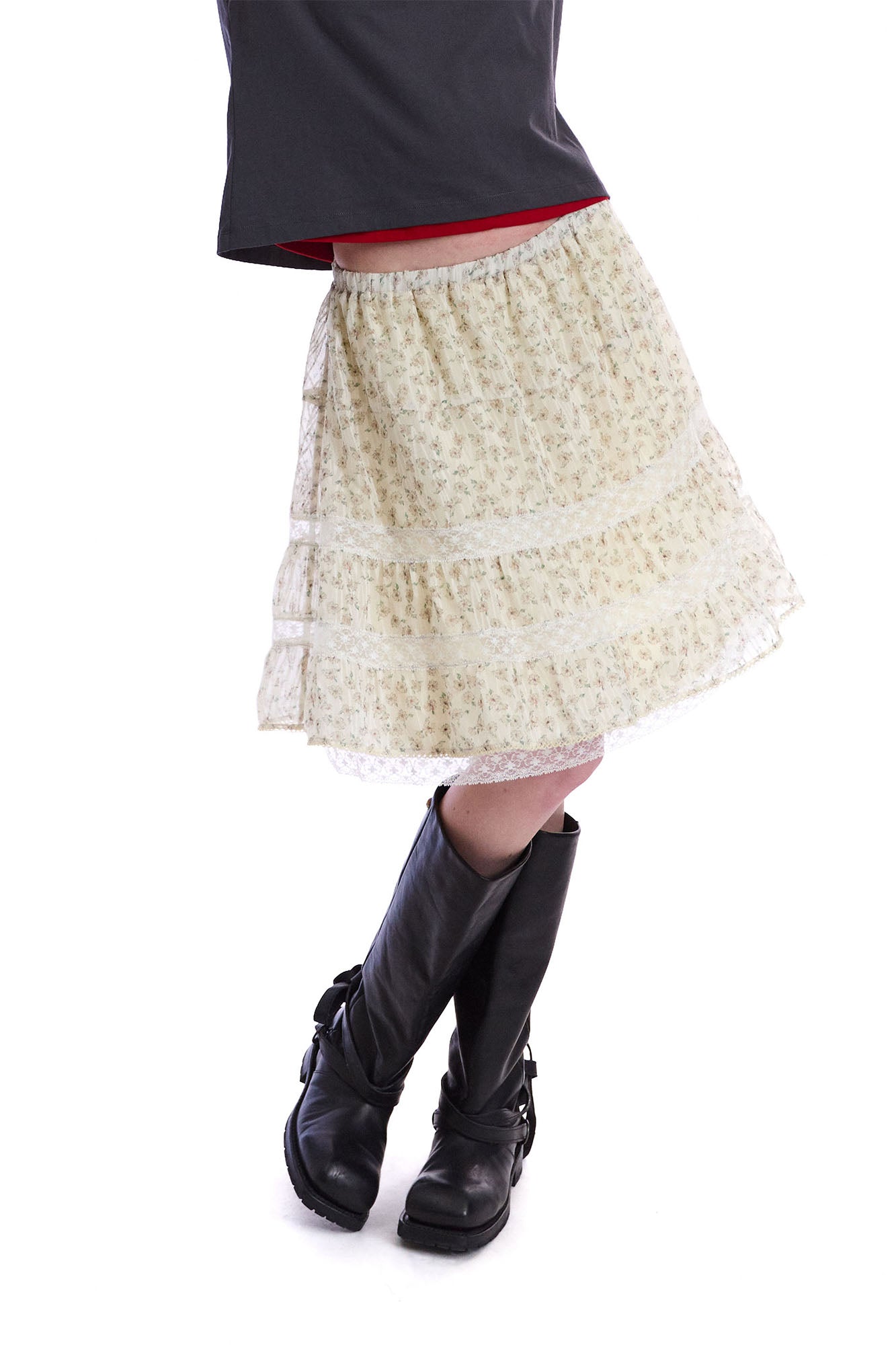 NEVERSEEZ Floral Lace-Trim Tiered Midi Skirt