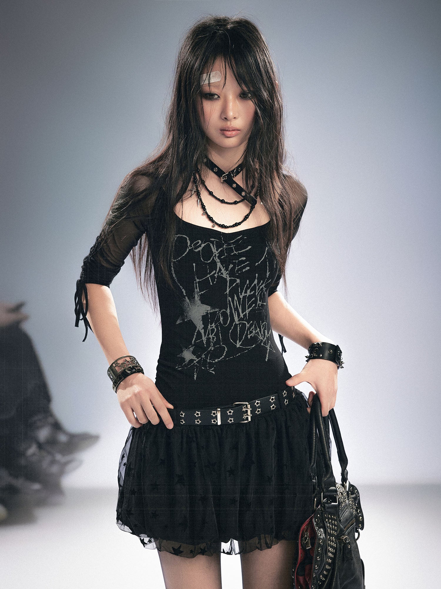 CESTNOUS Sheer-Sleeve Graffiti Mini Dress