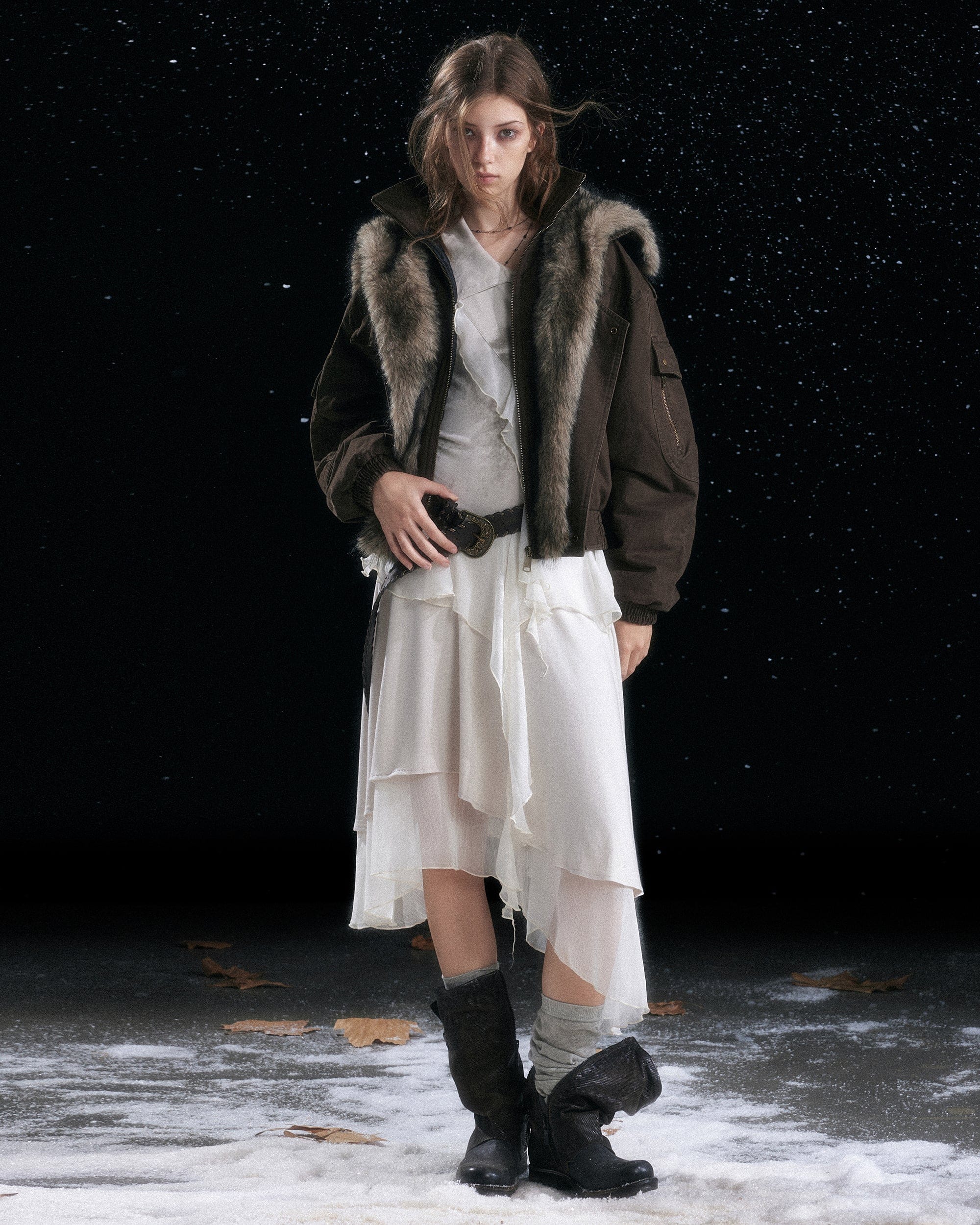 CESTNOUS Retro Detachable Faux-Fur Collar Bomber Jacket