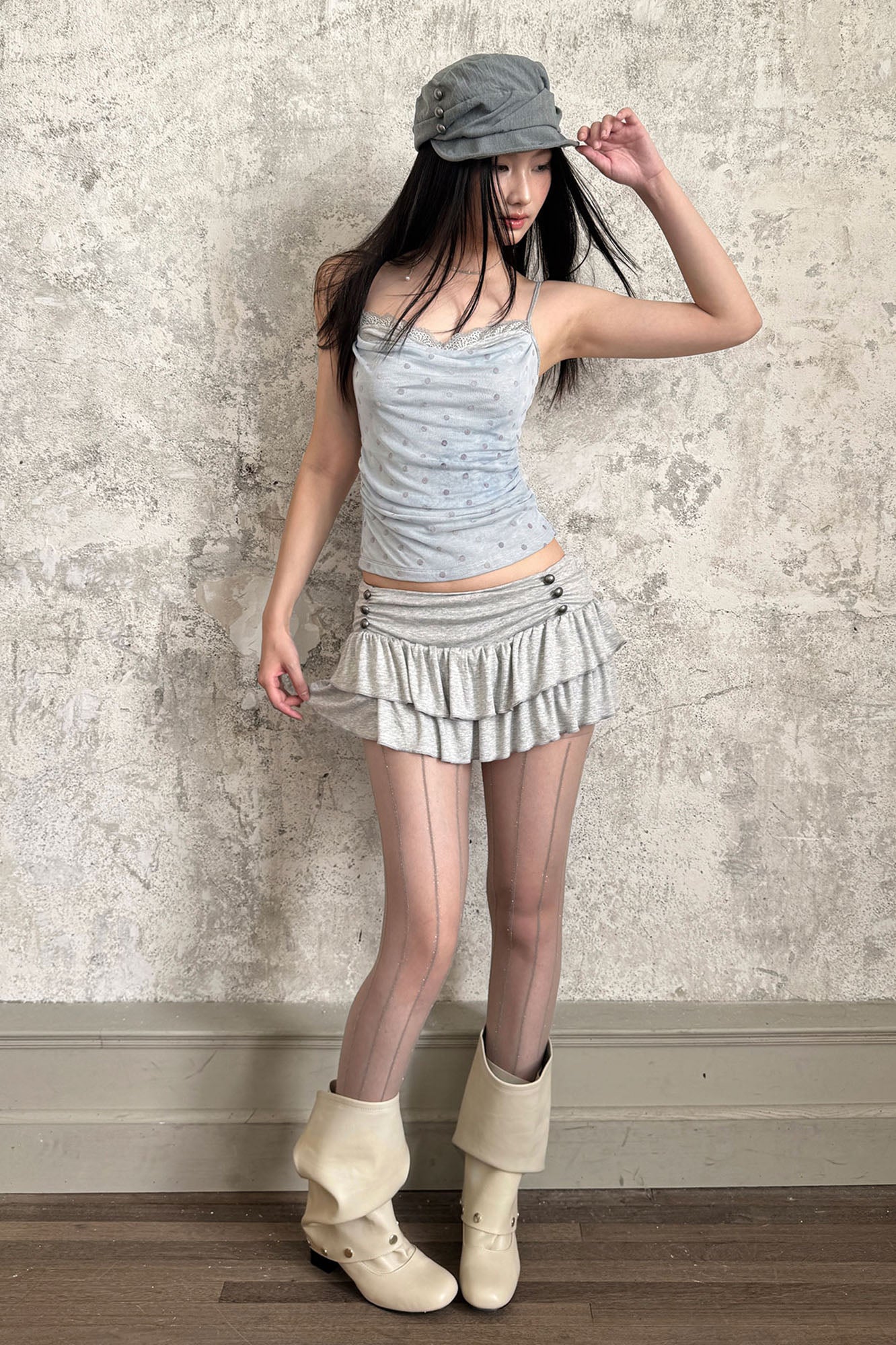 RIDK Double-Breasted Pleated Ruffle Low-Rise Mini Skirt