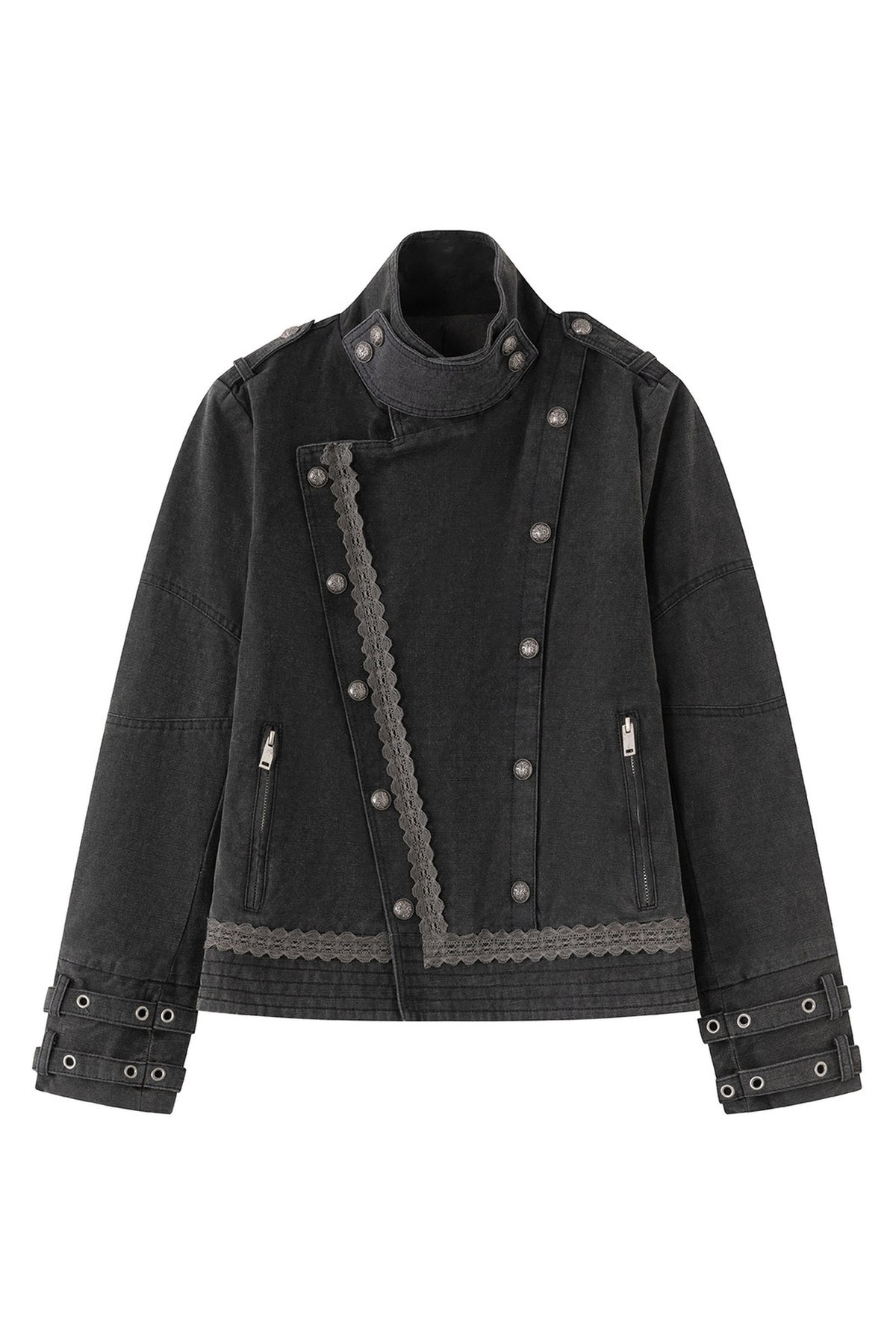 CESTNOUS Washed Lace-Trimmed Napoleon Collar Military Jacket — flat lay · Washed Black