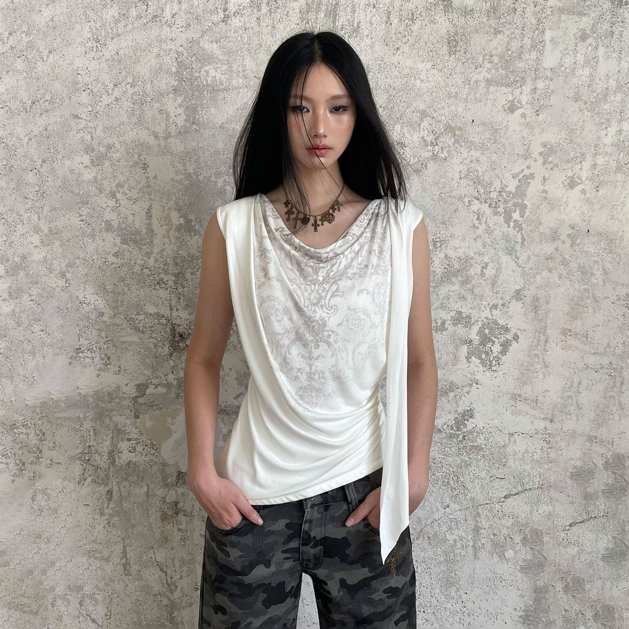 RIDK Retro Graphic Draped-Neck Tank Top