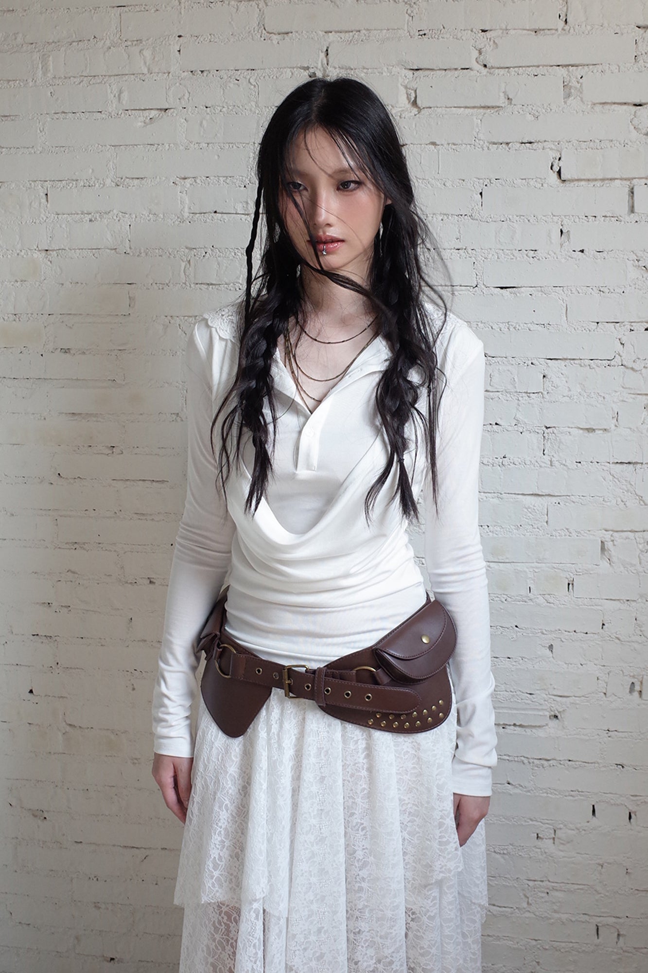 RIDK Layered Cowl Collar Lace Hooded Top