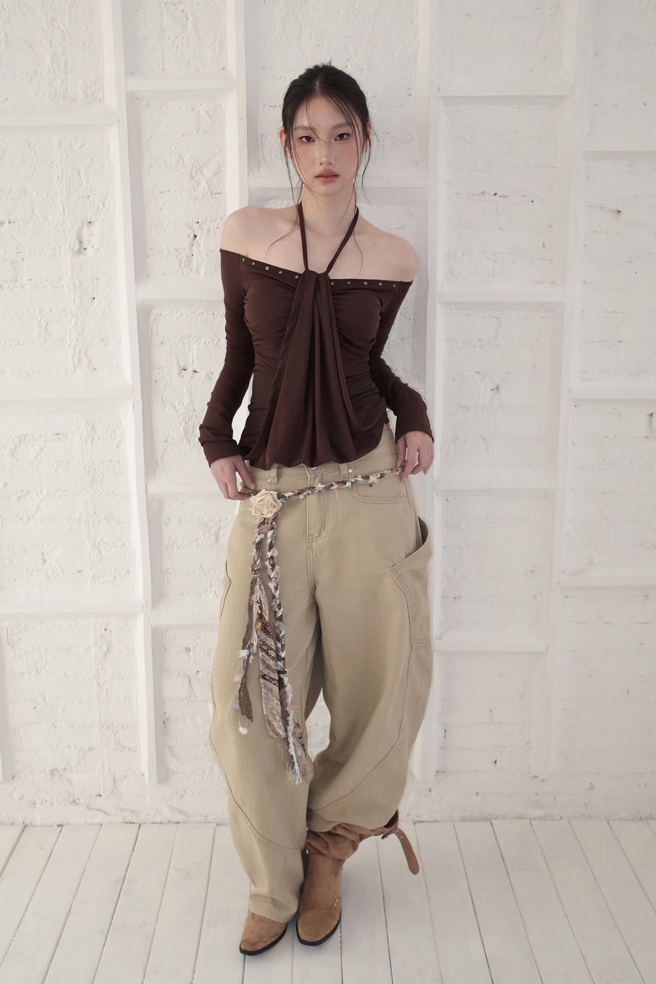 RIDK Off-Shoulder Studded Halter Drape Top