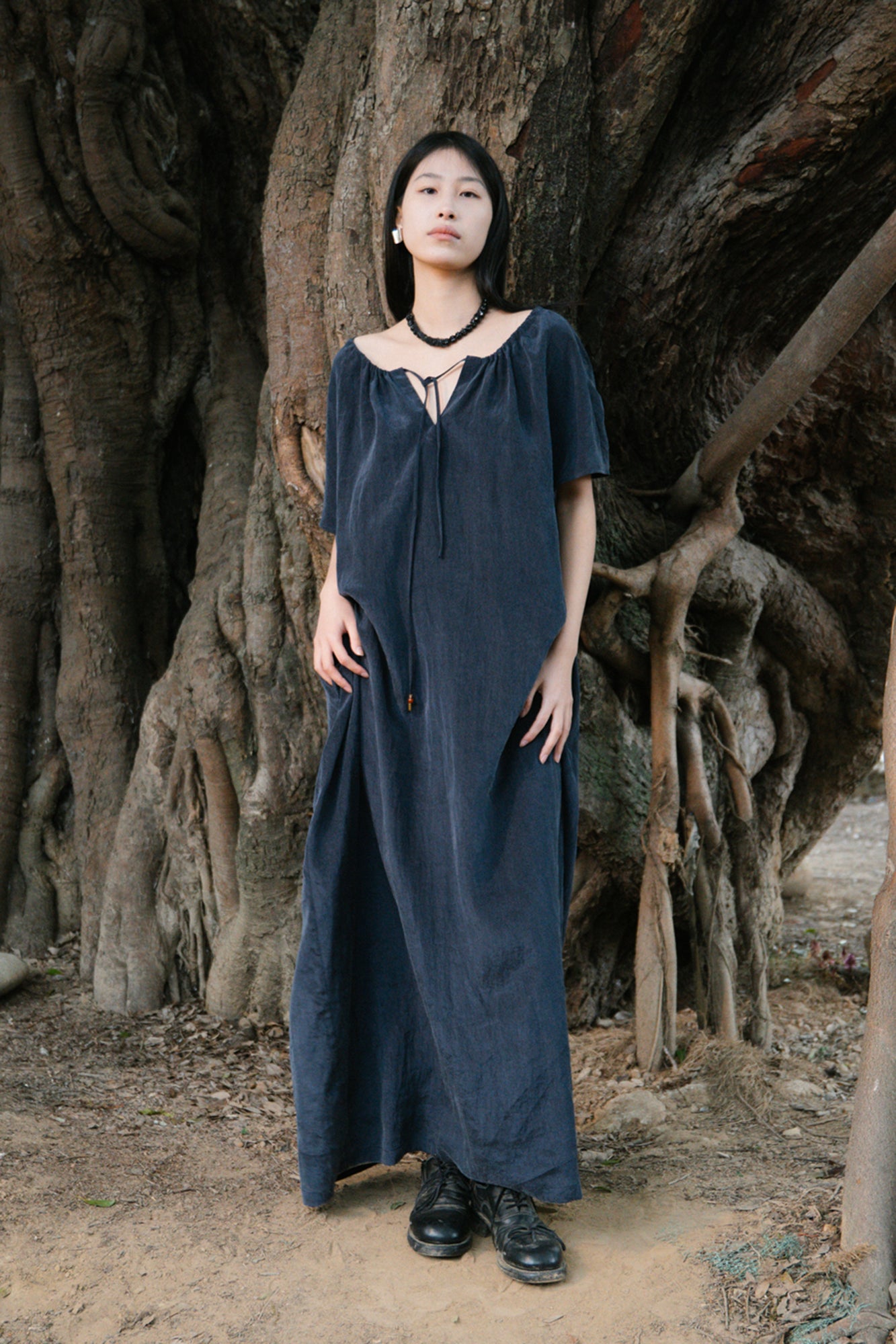 CAIRA Washed Drawstring Neck Maxi Dress