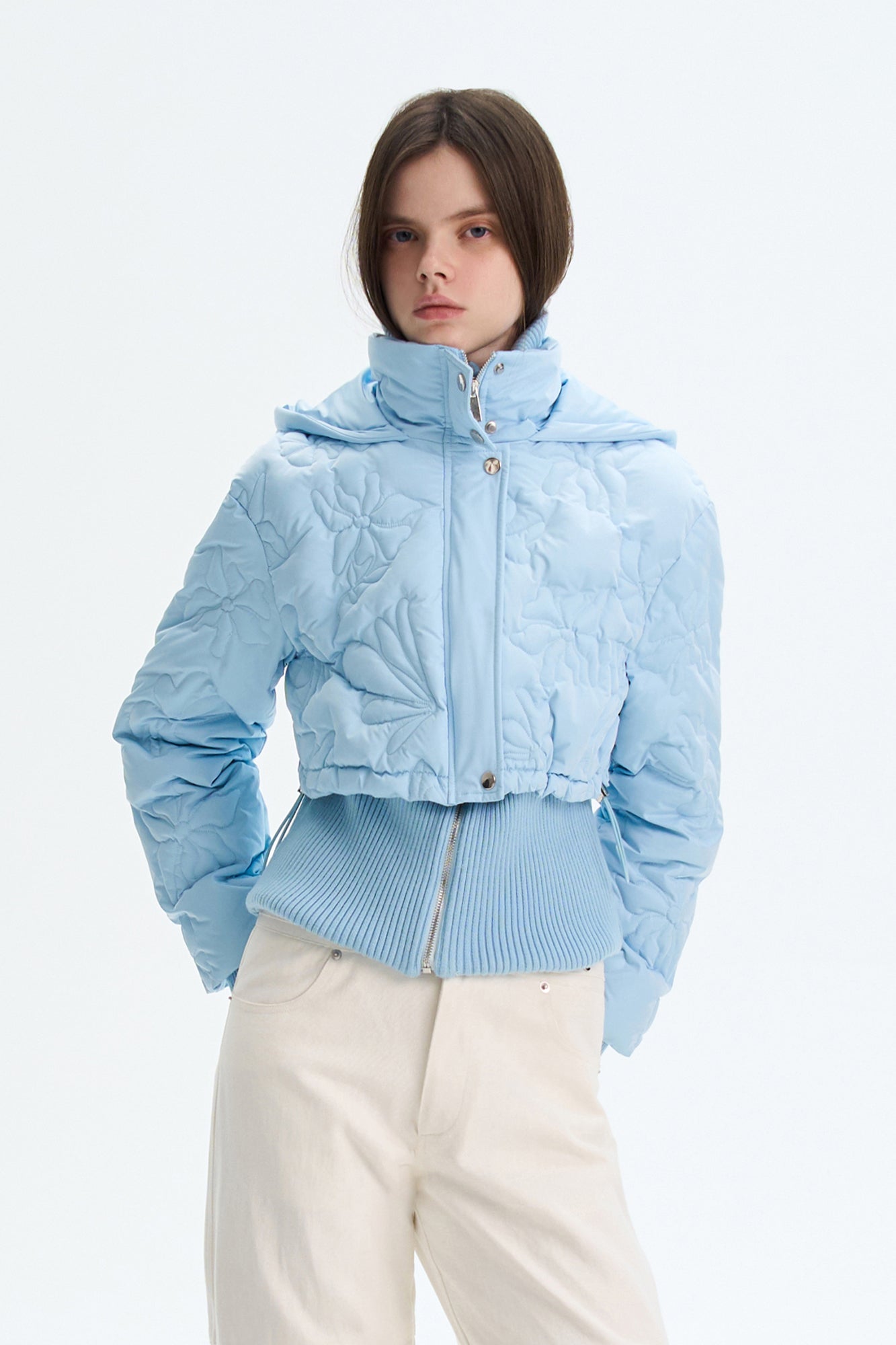 THE NEVERMORE Floral Quilted Mock-Layered Cropped Down Jacket