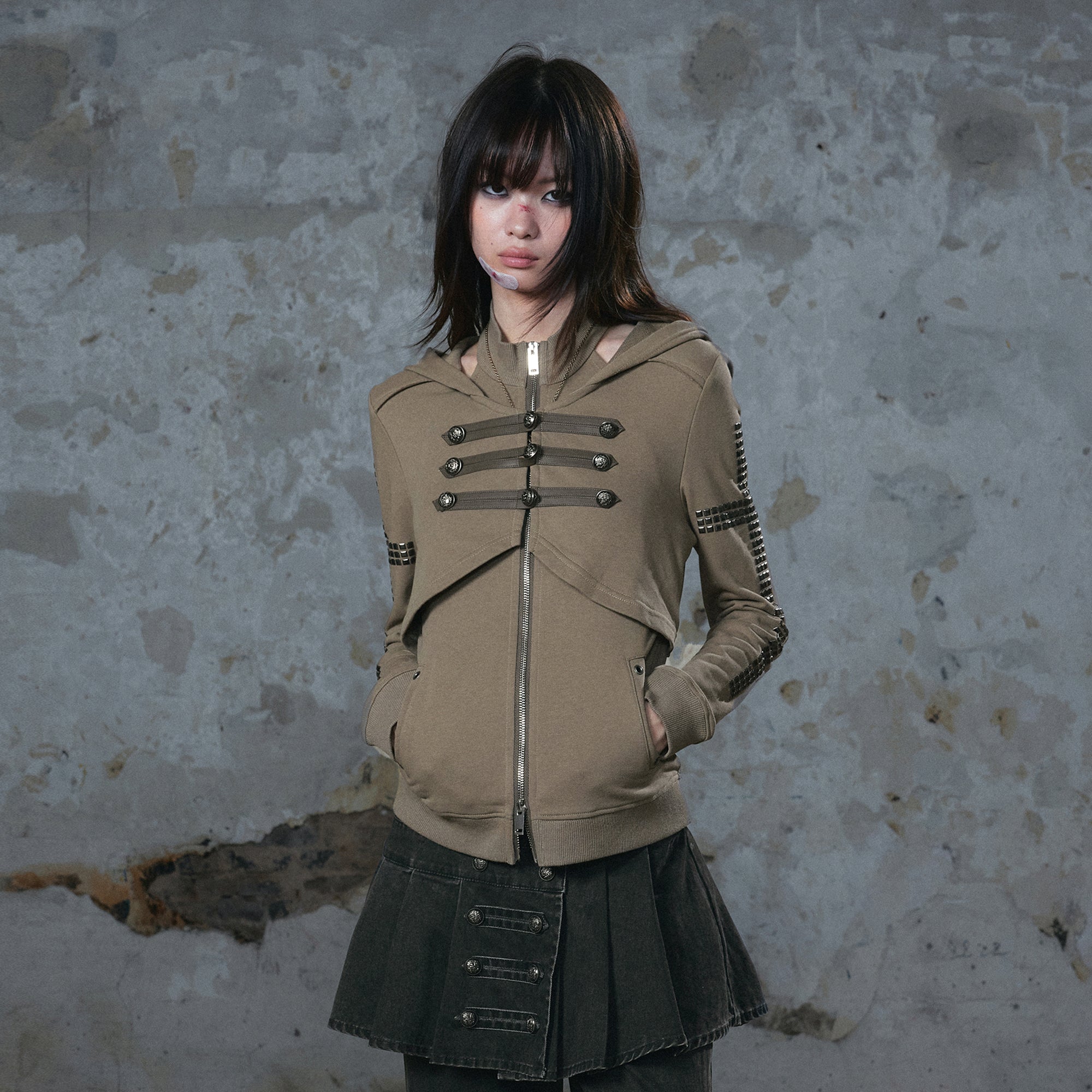 CESTNOUS Punk Metal-Button Napoleon Zip-Up Hoodie