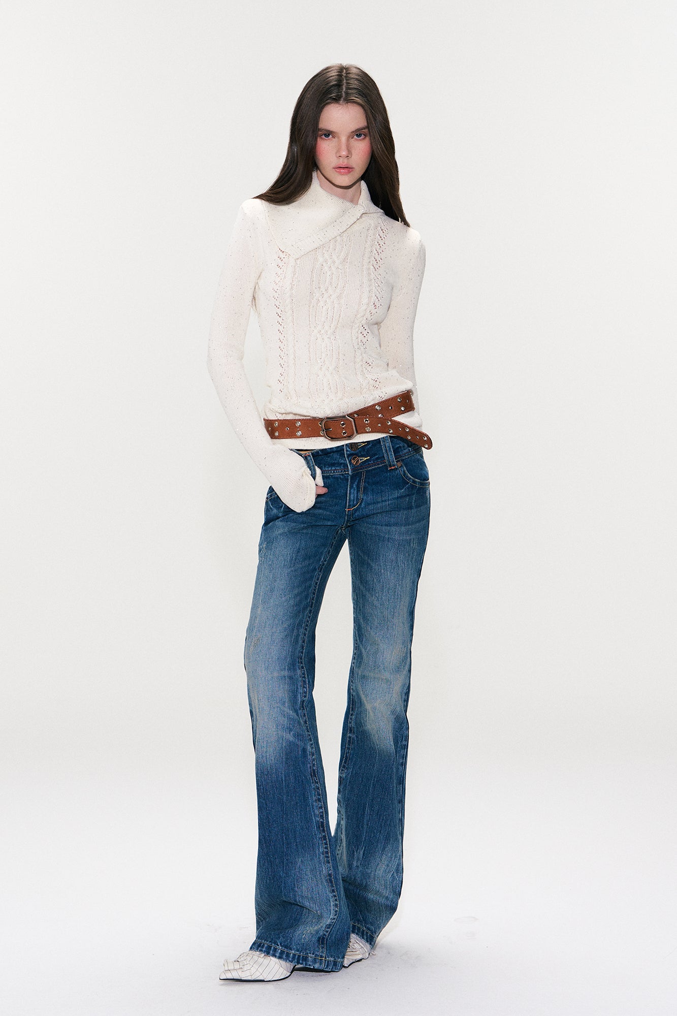 THE NEVERMORE Asym Collar Shimmer Cable-Knit Sweater