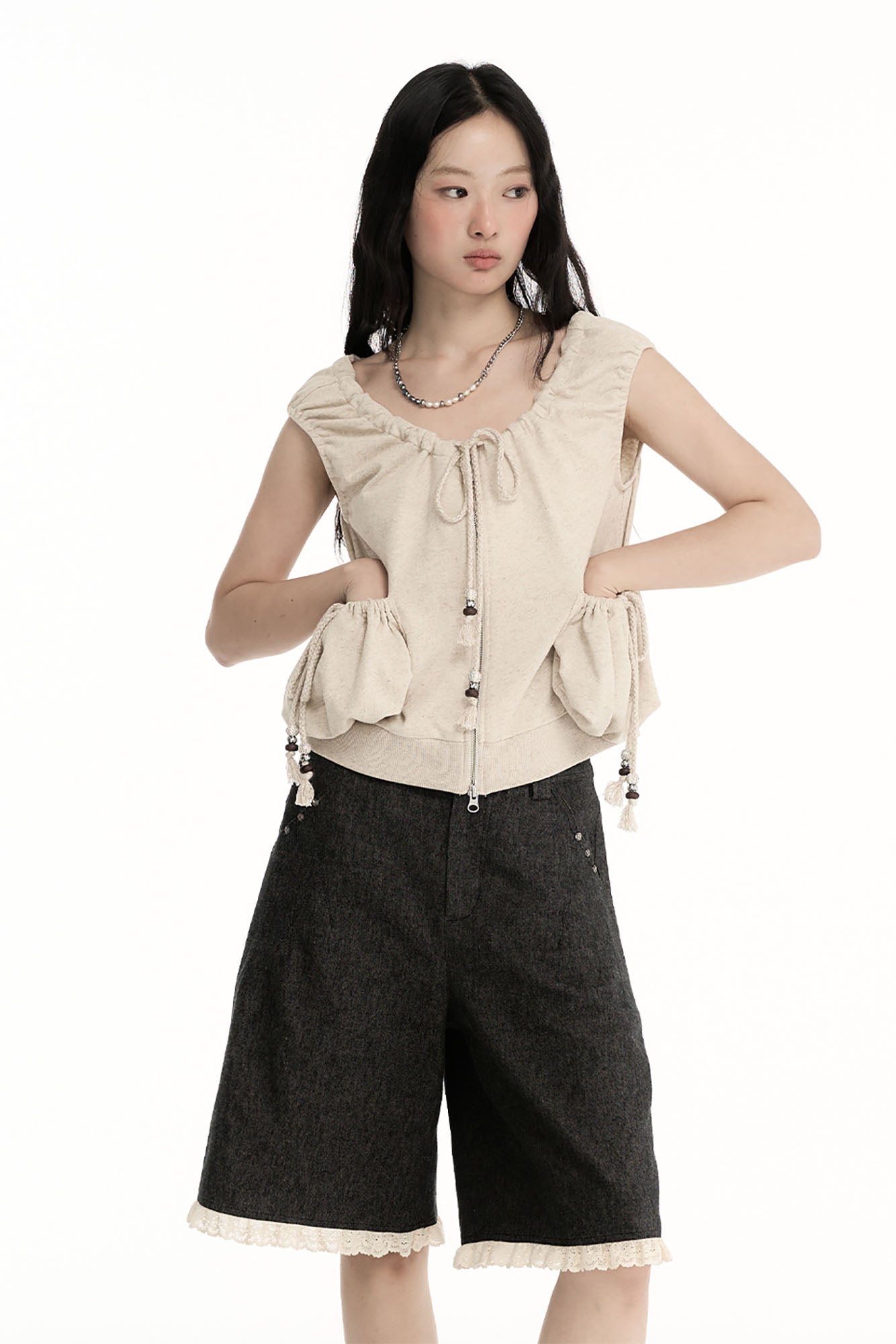 CONFUN Ruched Drawstring Zip-Up Top
