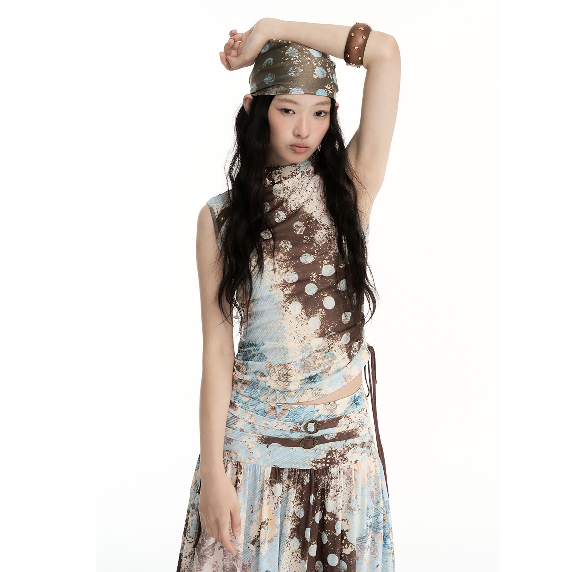 CONFUN Contrast Spliced Floral Drawstring Sleeveless Tee