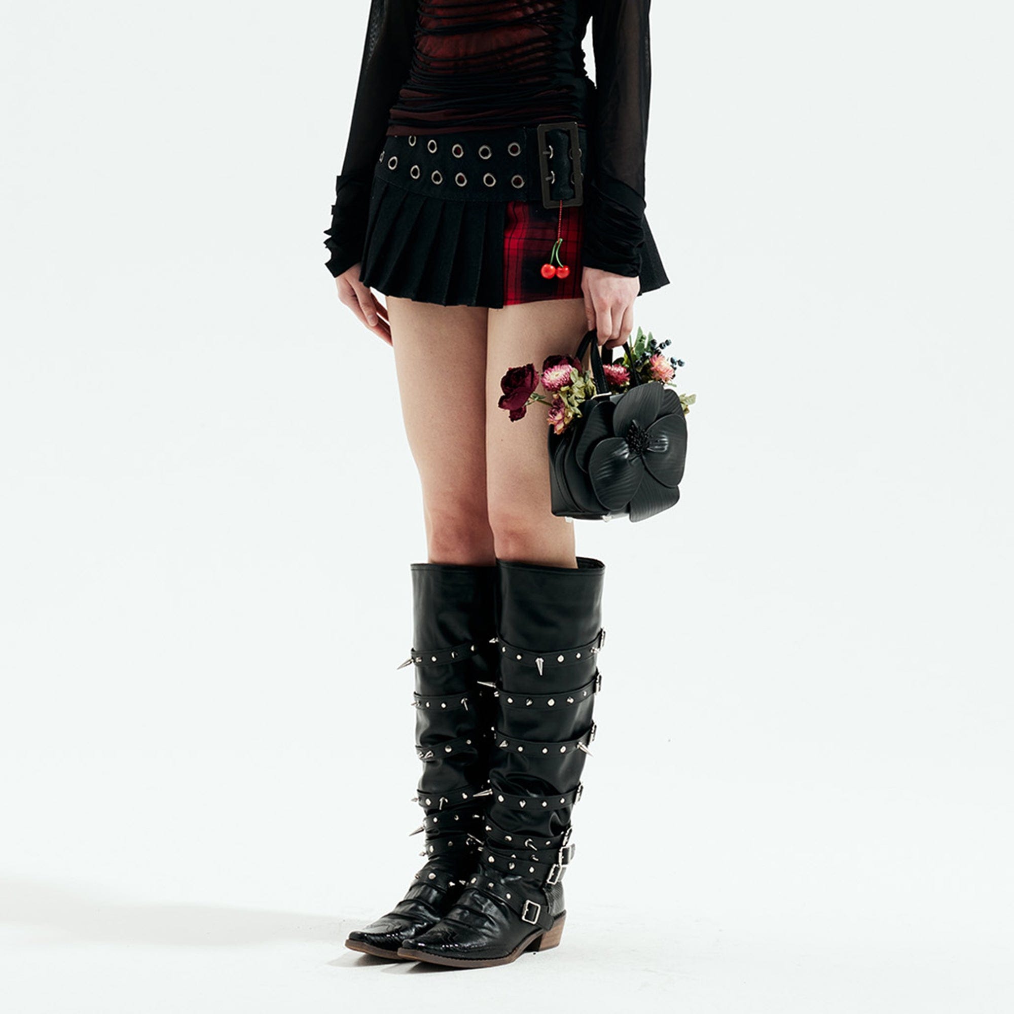 EMOHA Pleated Overlay Belted Plaid Mini Skirt