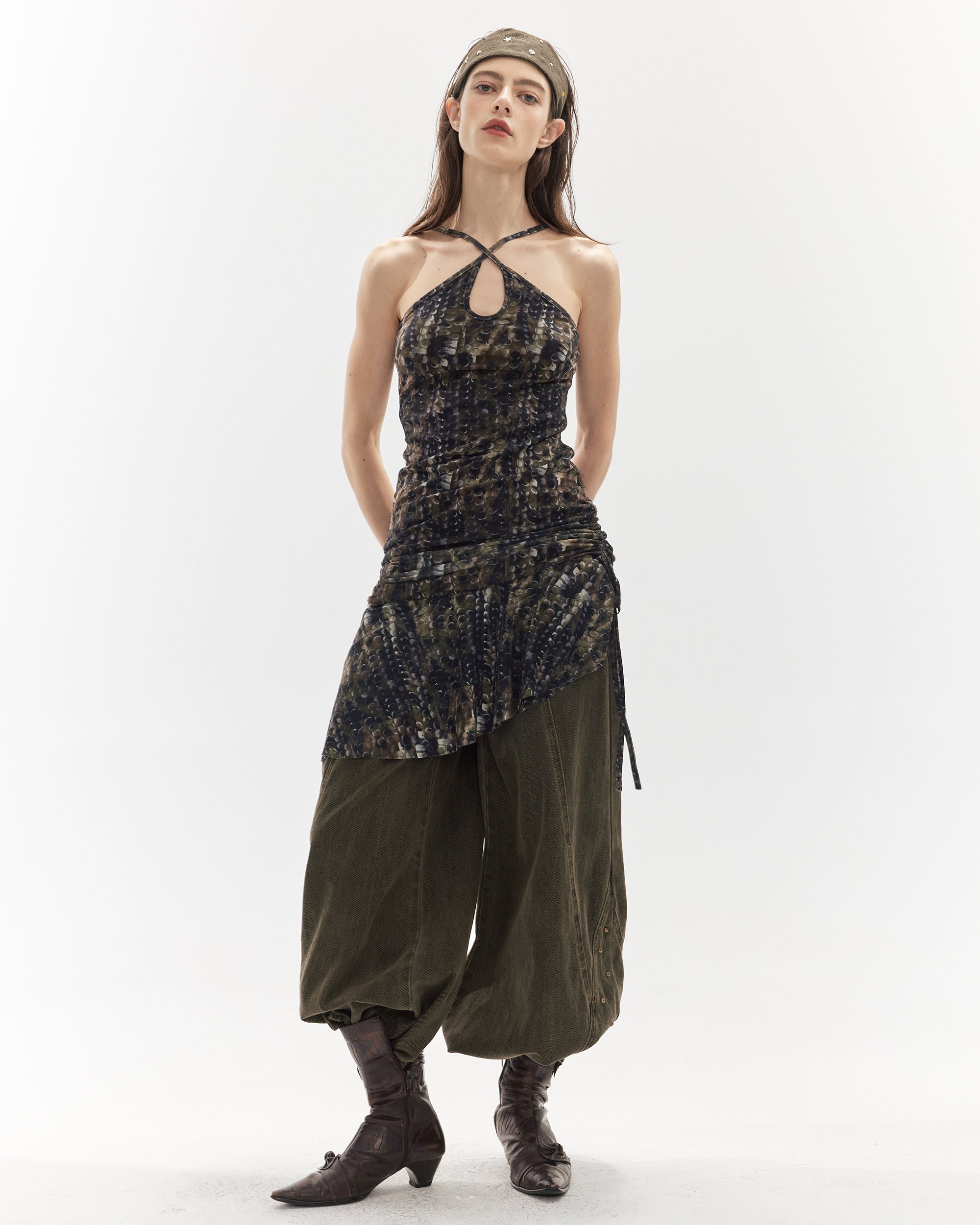 JIUWU PARK Ruched Wave Mesh Halter Dress