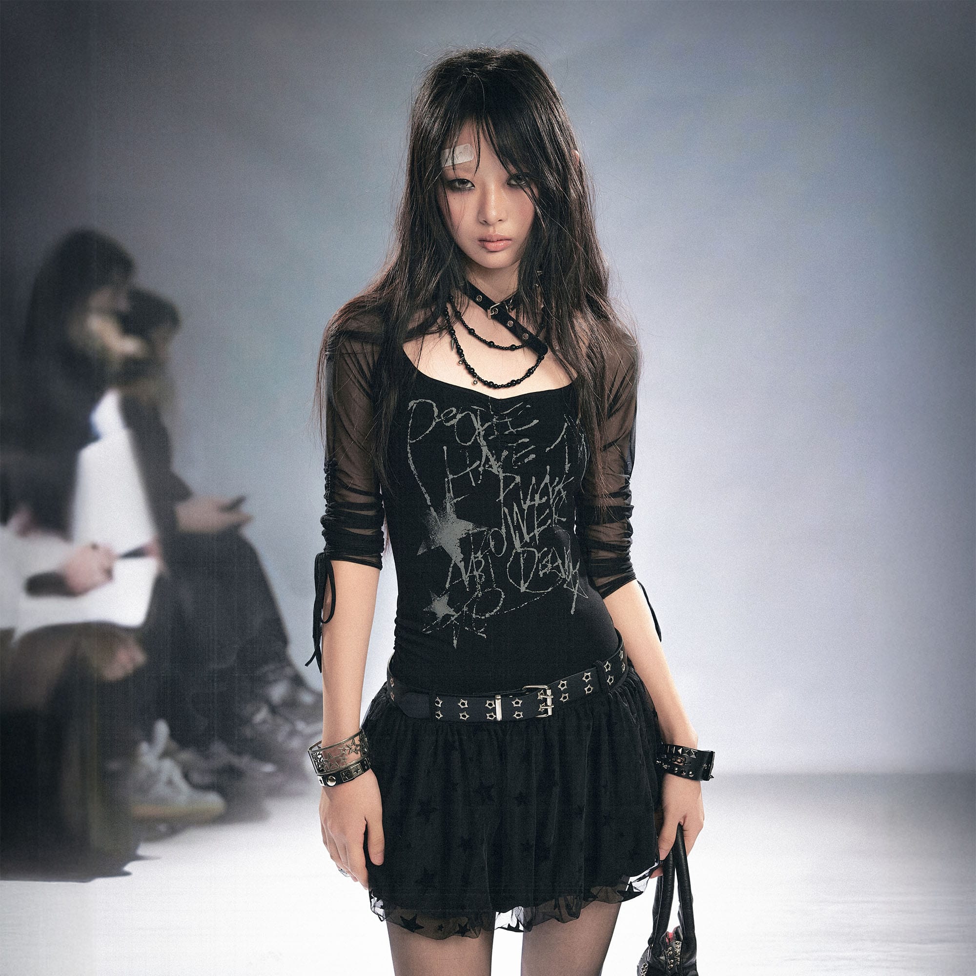 CESTNOUS Sheer-Sleeve Graffiti Mini Dress