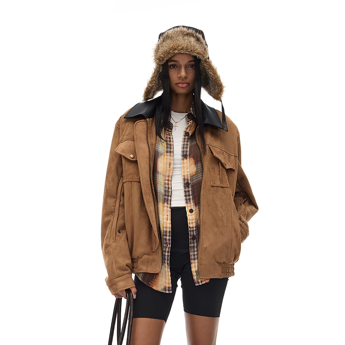 COSTUSTOOT Contrast-Collar Suede Oversized Big-Pocket Jacket