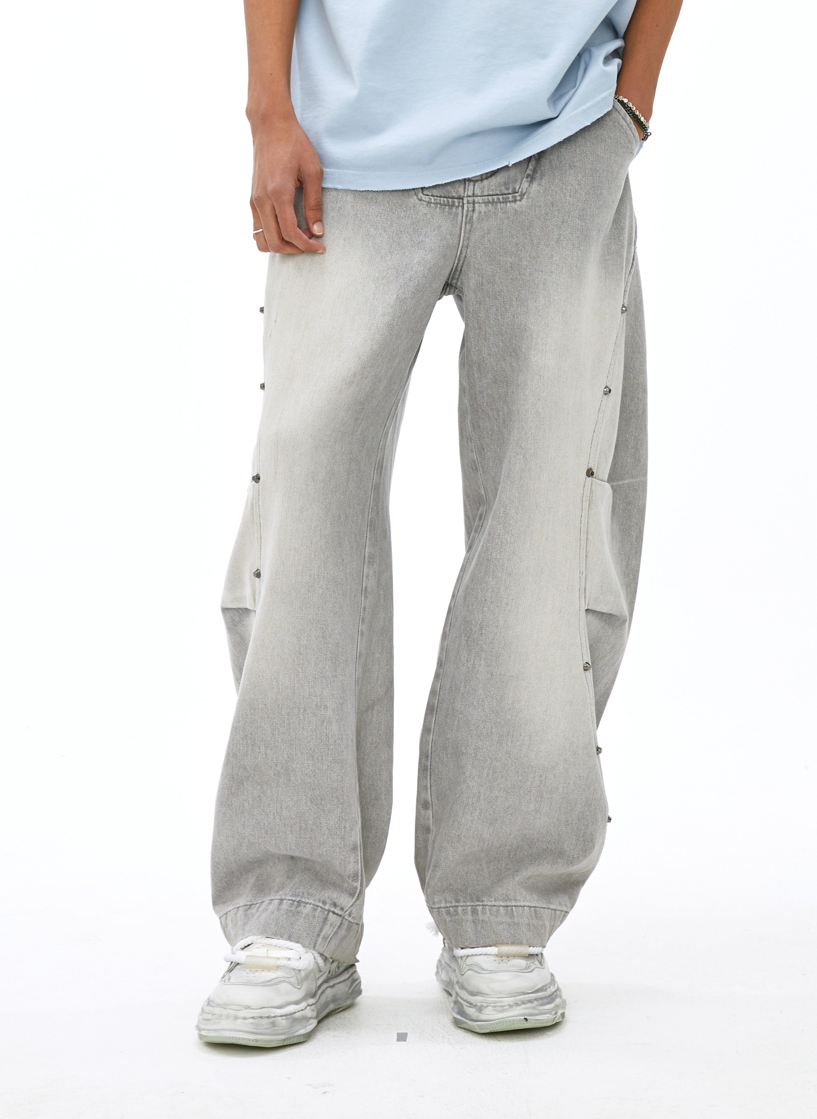 VANN VALRENCE Washed Riveted Curved-Seam Denim Pants, premium urban and streetwear designers apparel on PROJECTISR.com, VANN VALRENCE