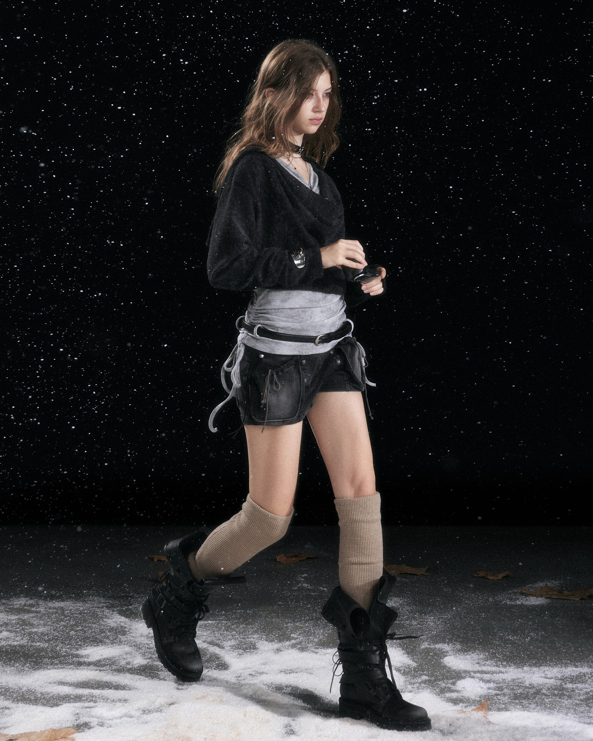 CESTNOUS Distressed Drape Layered Hooded Long-Sleeve Tee