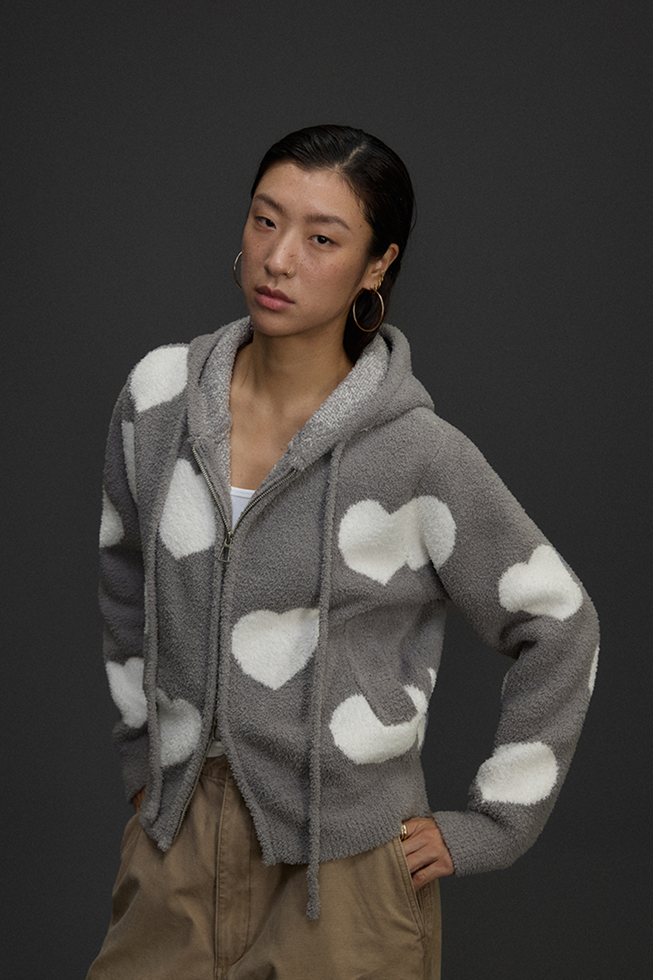 NIANJIUYIKOUER Fuzzy Heart Jacquard Zip-Up Hoodie Cardigan, premium urban and streetwear designers apparel on PROJECTISR.com, NIANJIUYIKOUER