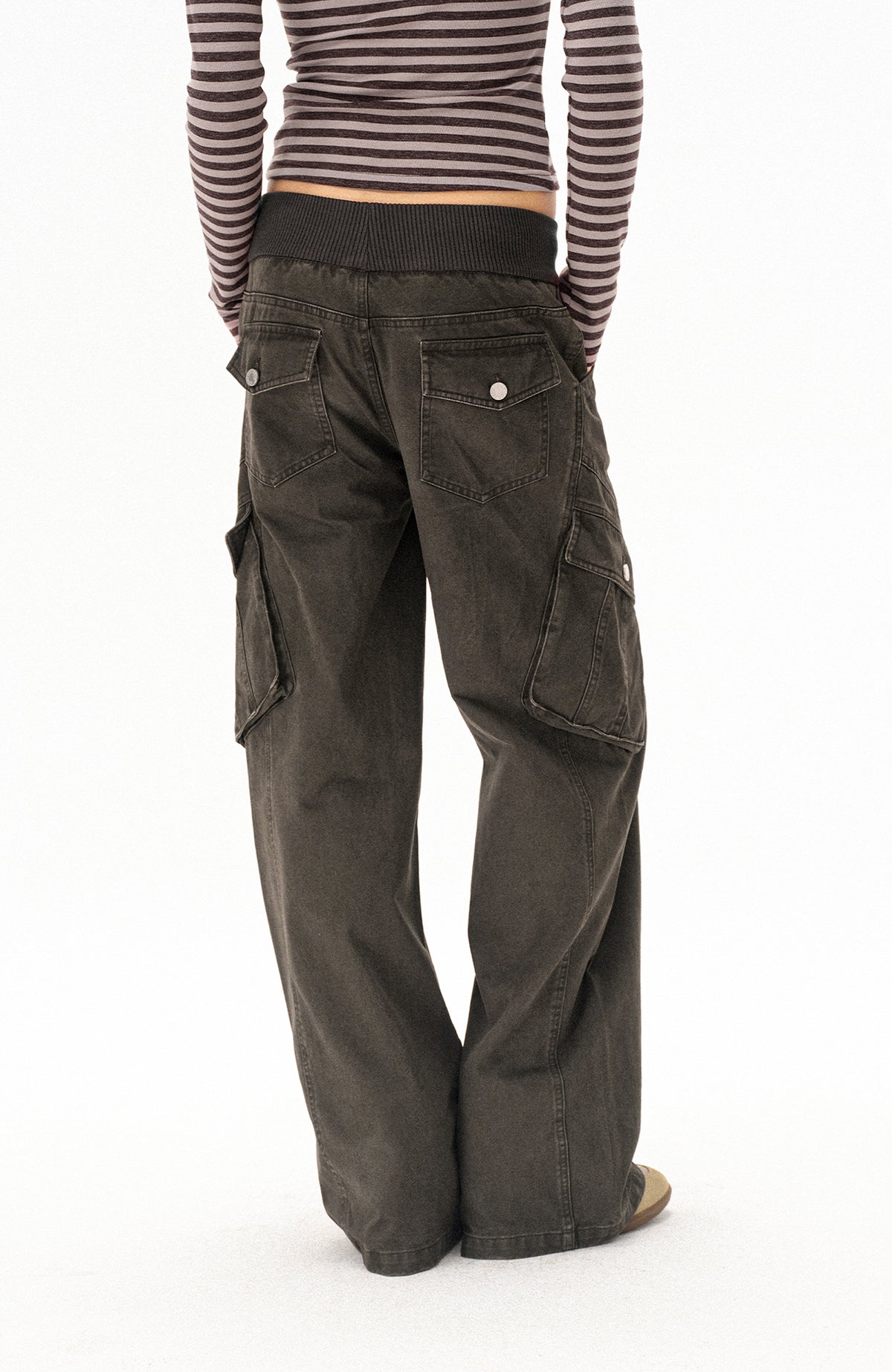 COSTUSTOOT Multi-Pocket Washed Distressed Ribbed Waist Cargo Pants