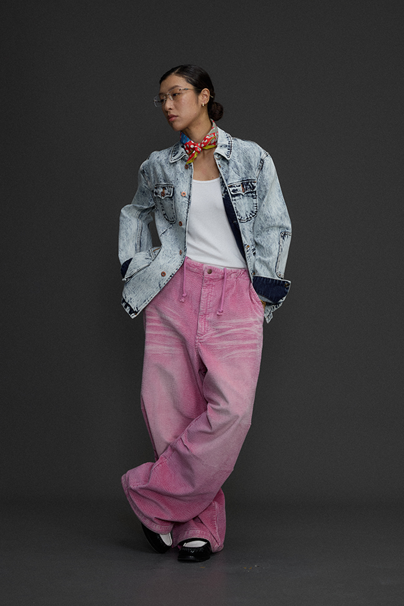 NIANJIUYIKOUER Snow-Washed Stand-Collar Denim Workwear Jacket, premium urban and streetwear designers apparel on PROJECTISR.com, NIANJIUYIKOUER