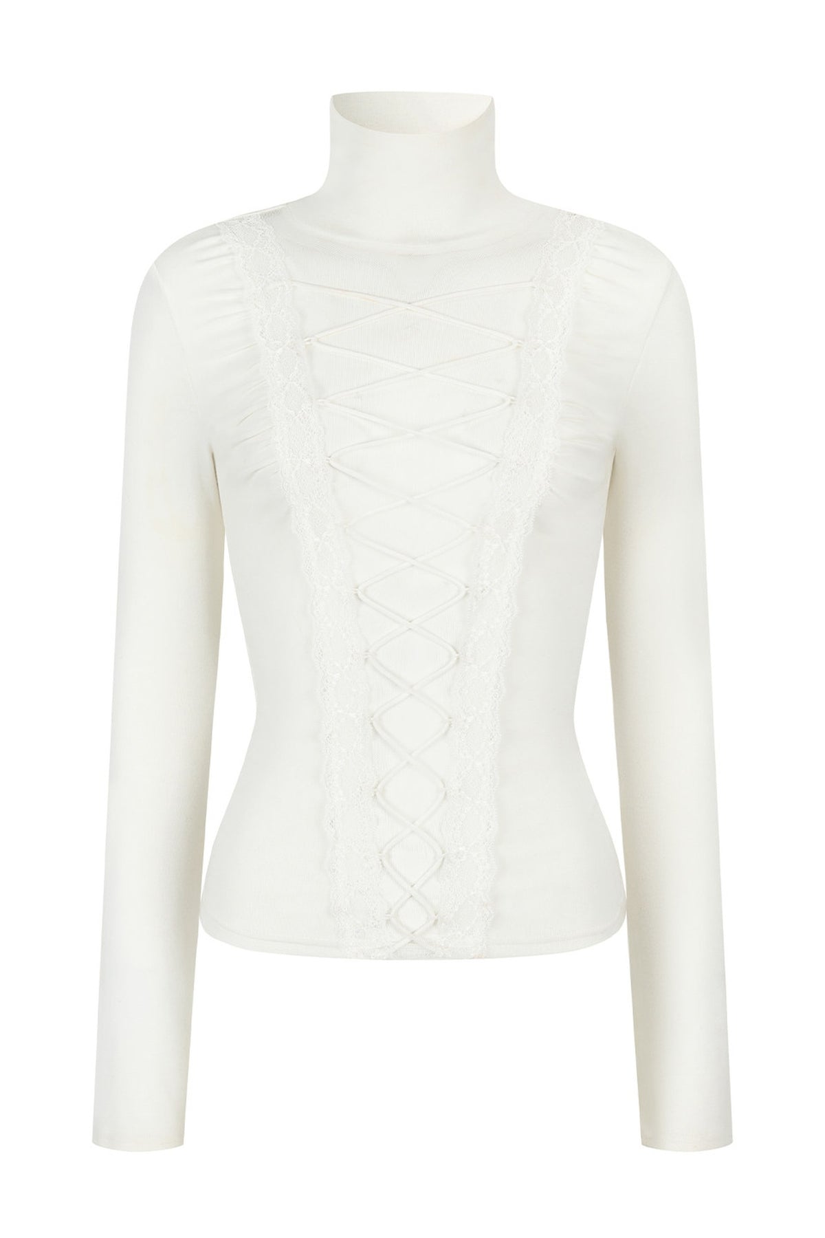 HIIMDAI Lace-Spliced Mesh Tie-Up Long-Sleeve Tee — flat lay · Jade Frost White