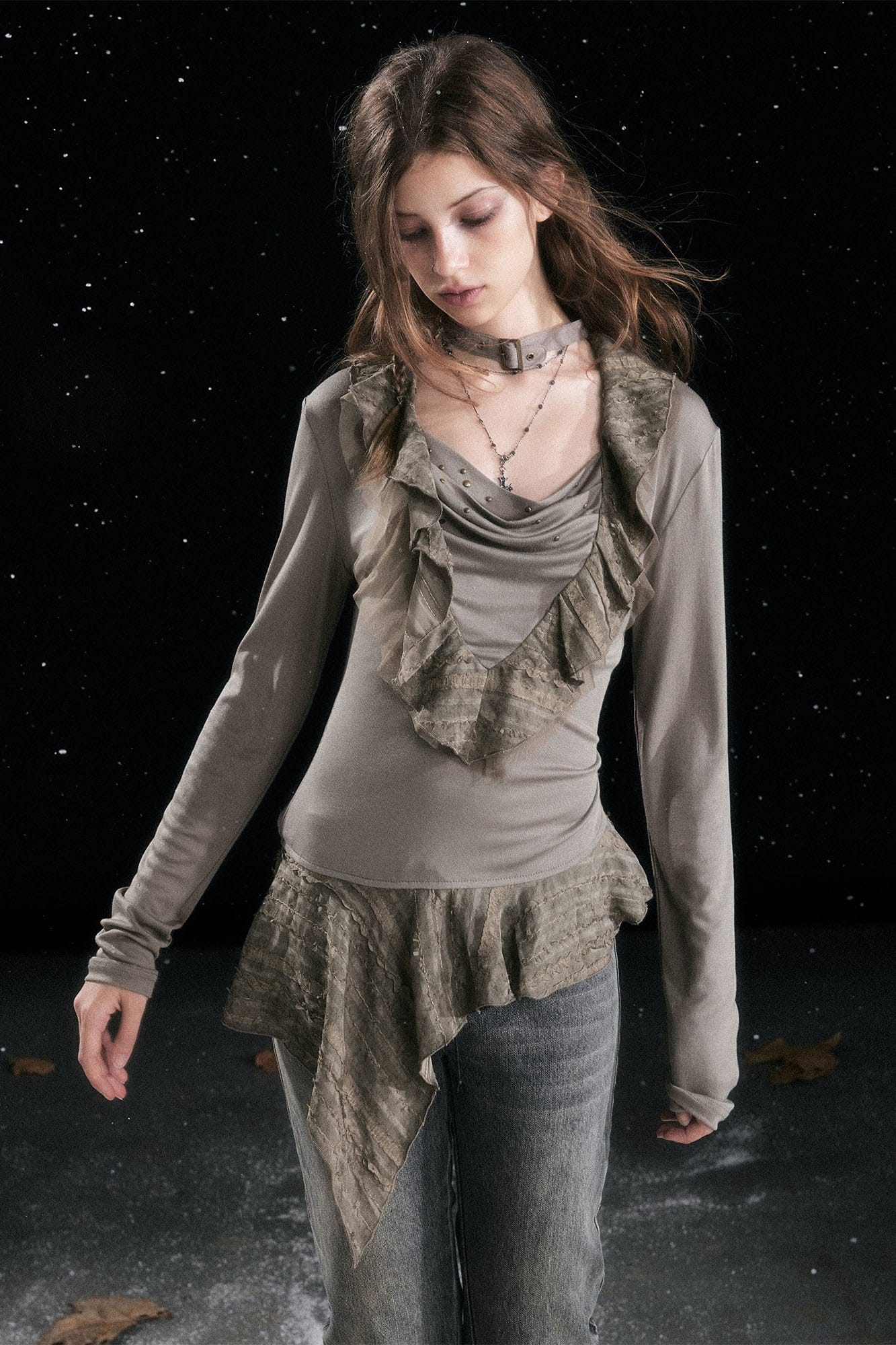 CESTNOUS Studded Ruffled Paneled Top