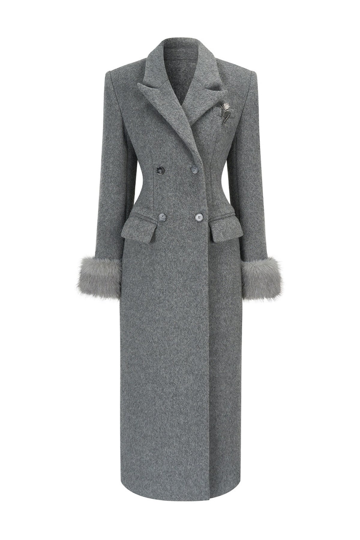 HIIMDAI 100% Wool Double-Faced Long Coat — flat lay · Lunar Silver Gray