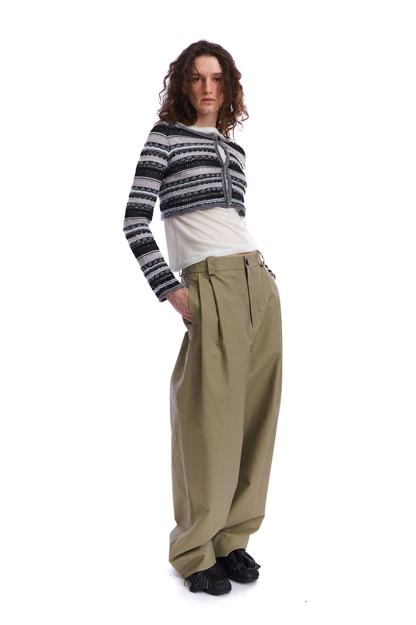 NEVERSEEZ Embroidered Stitched Pleated Barrel Trousers