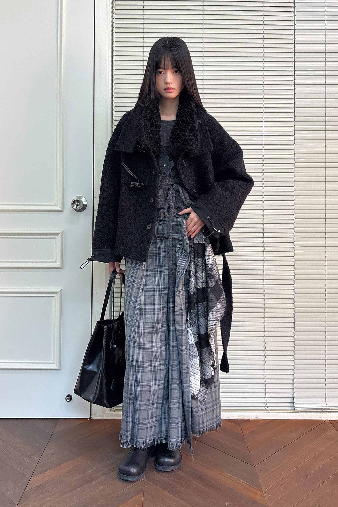NEVERSEEZ Detachable Waist Scarf Pleated Plaid Maxi Skirt