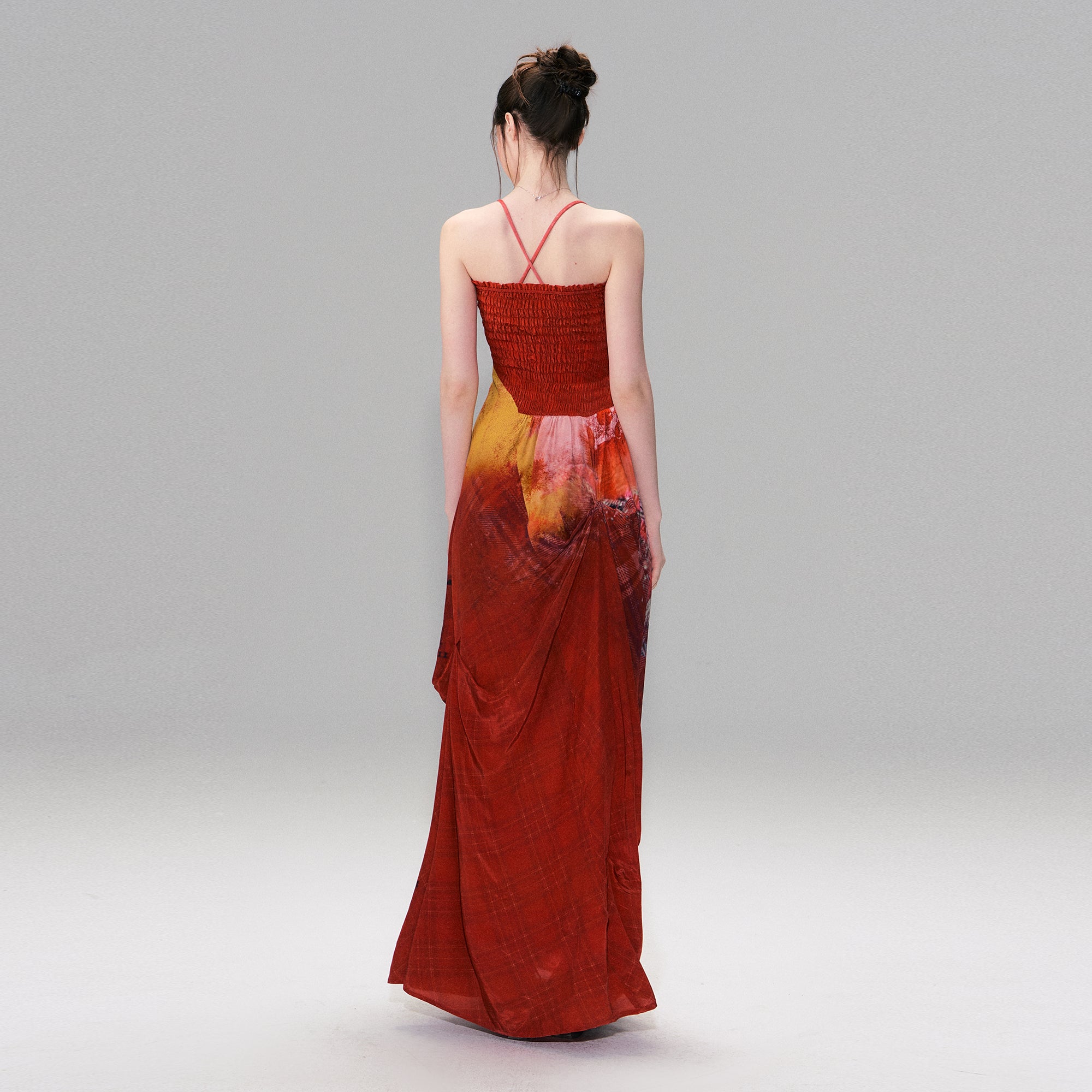 THE NEVERMORE Asymmetric Shirred Spliced Maxi Dress