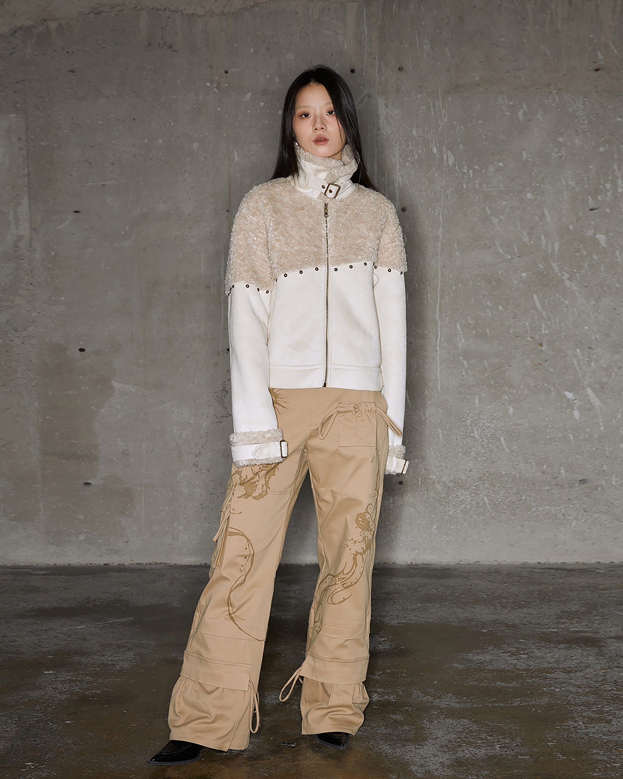 CONFUN Studded Paneled Faux Shearling Jacket