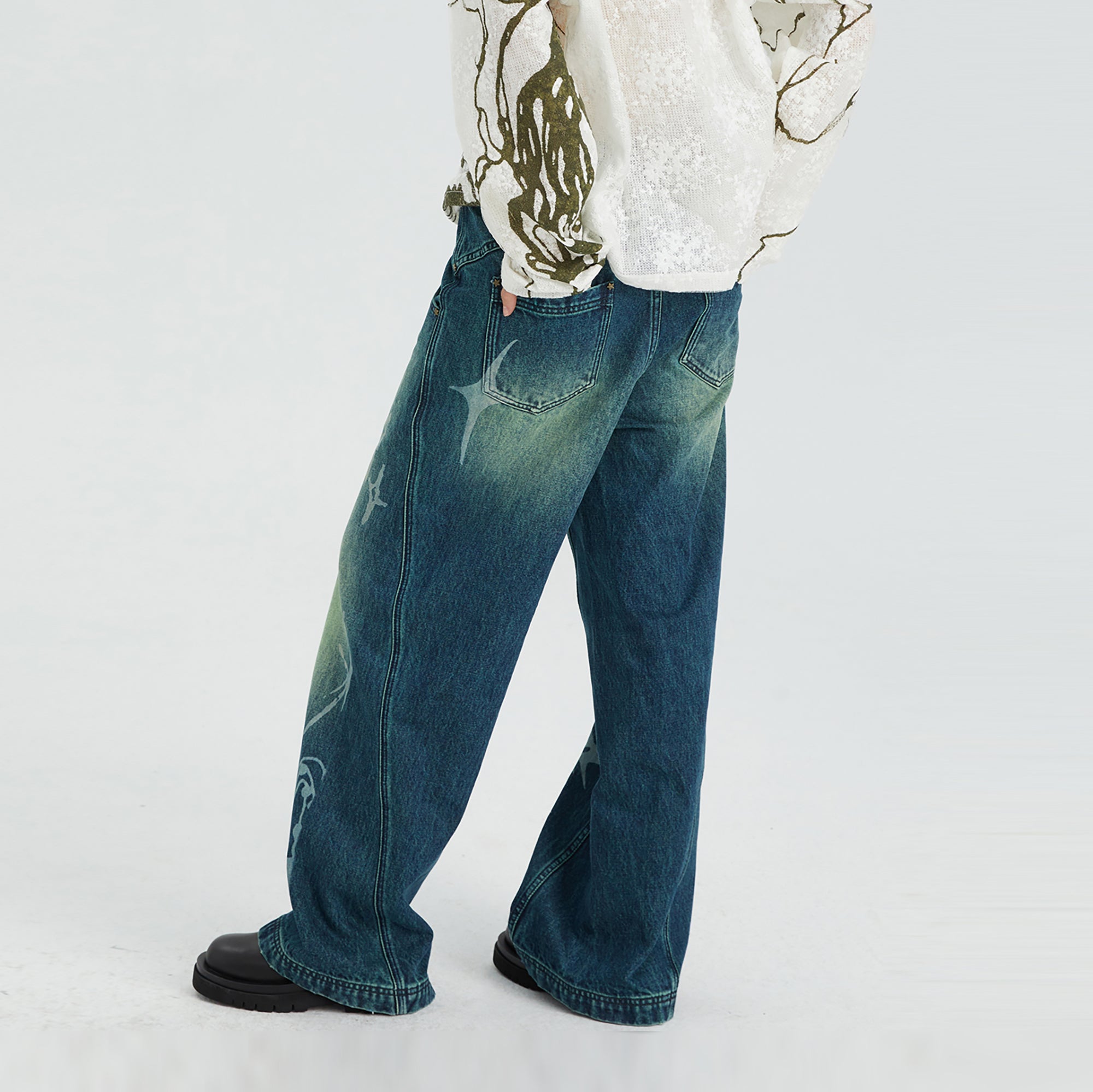 CONFUN Washed Full-Print Straight-Leg Jeans