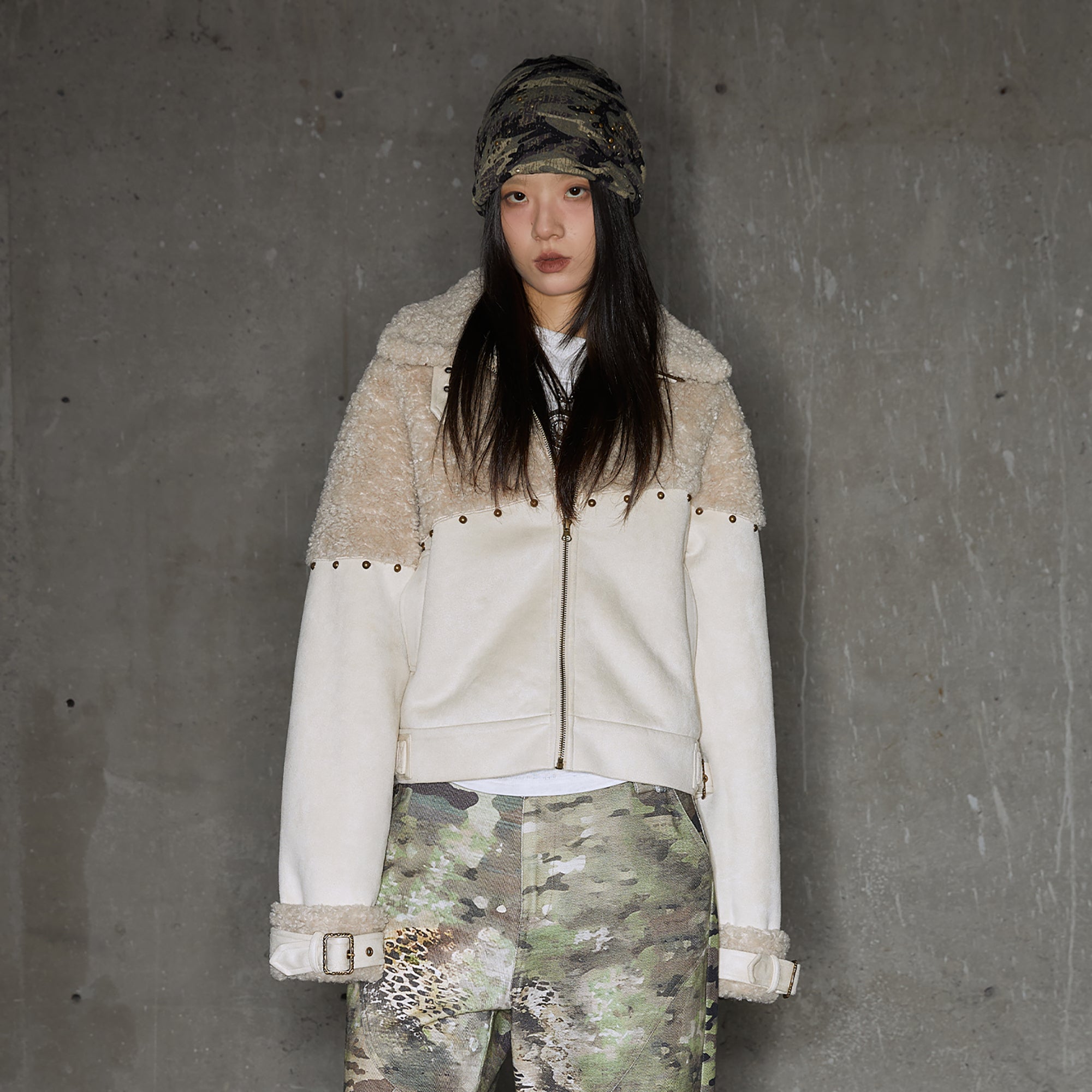 CONFUN Studded Paneled Faux Shearling Jacket