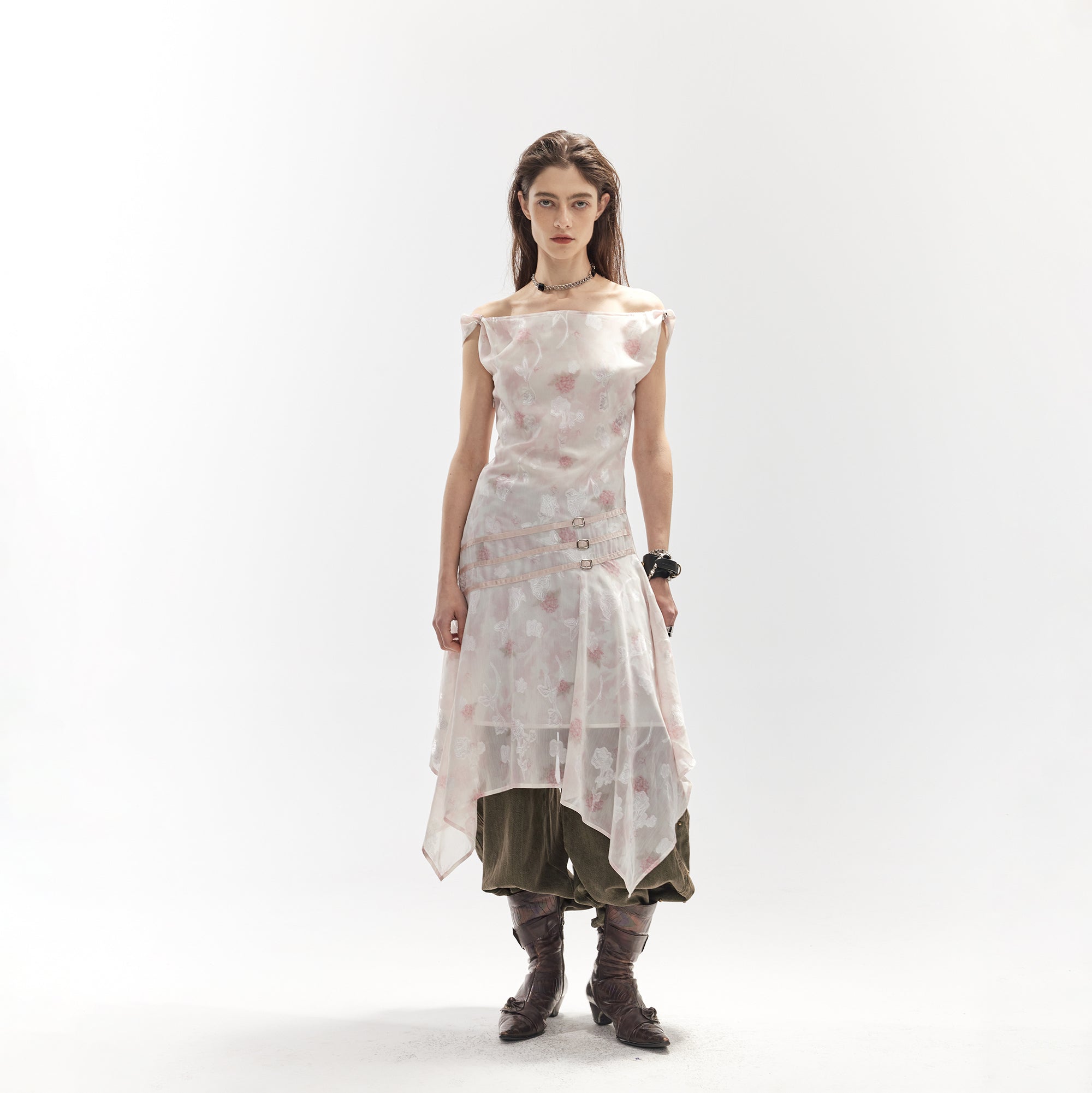JIUWU PARK Floral Chiffon Asymmetrical Hem Dress
