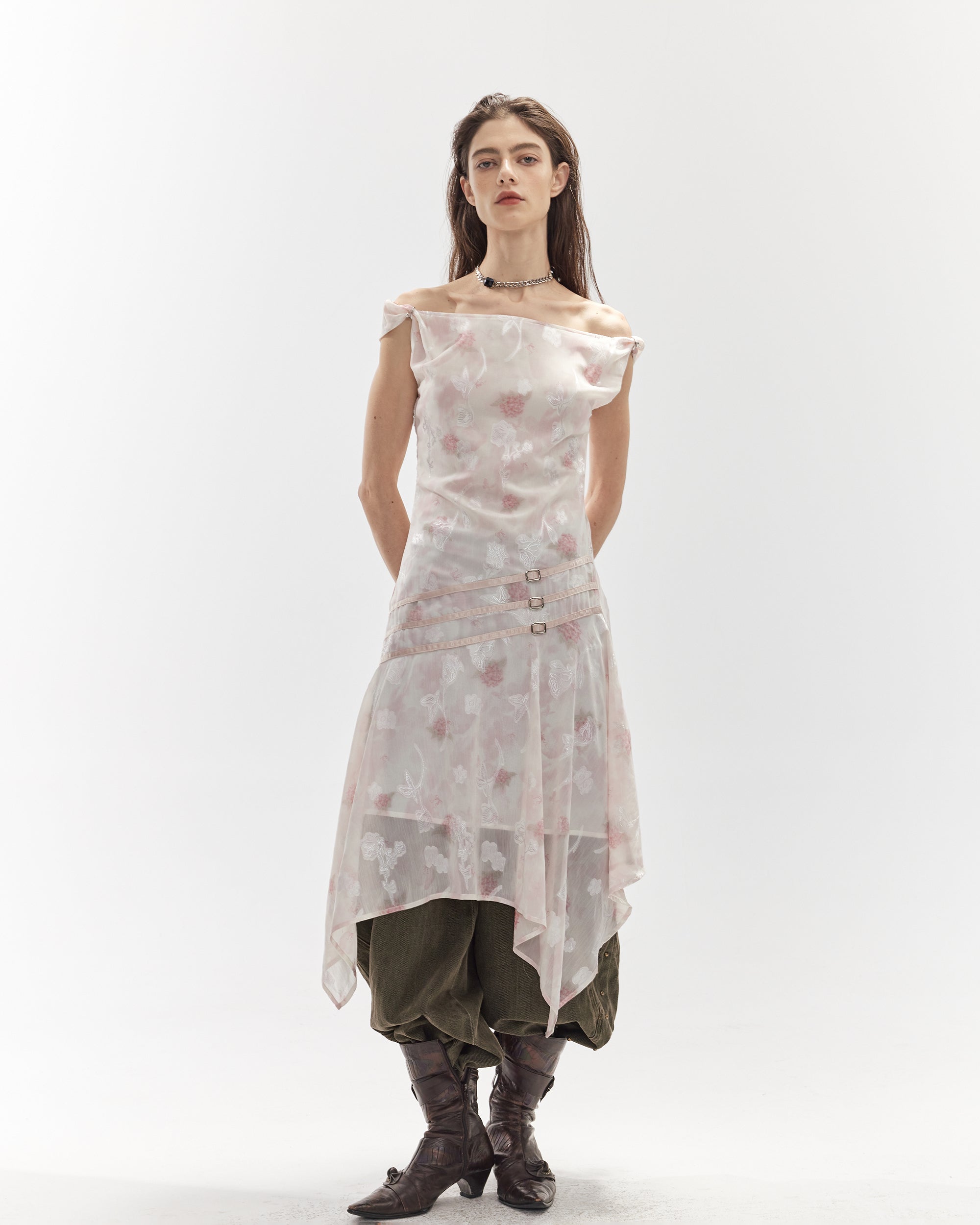 JIUWU PARK Floral Chiffon Asymmetrical Hem Dress