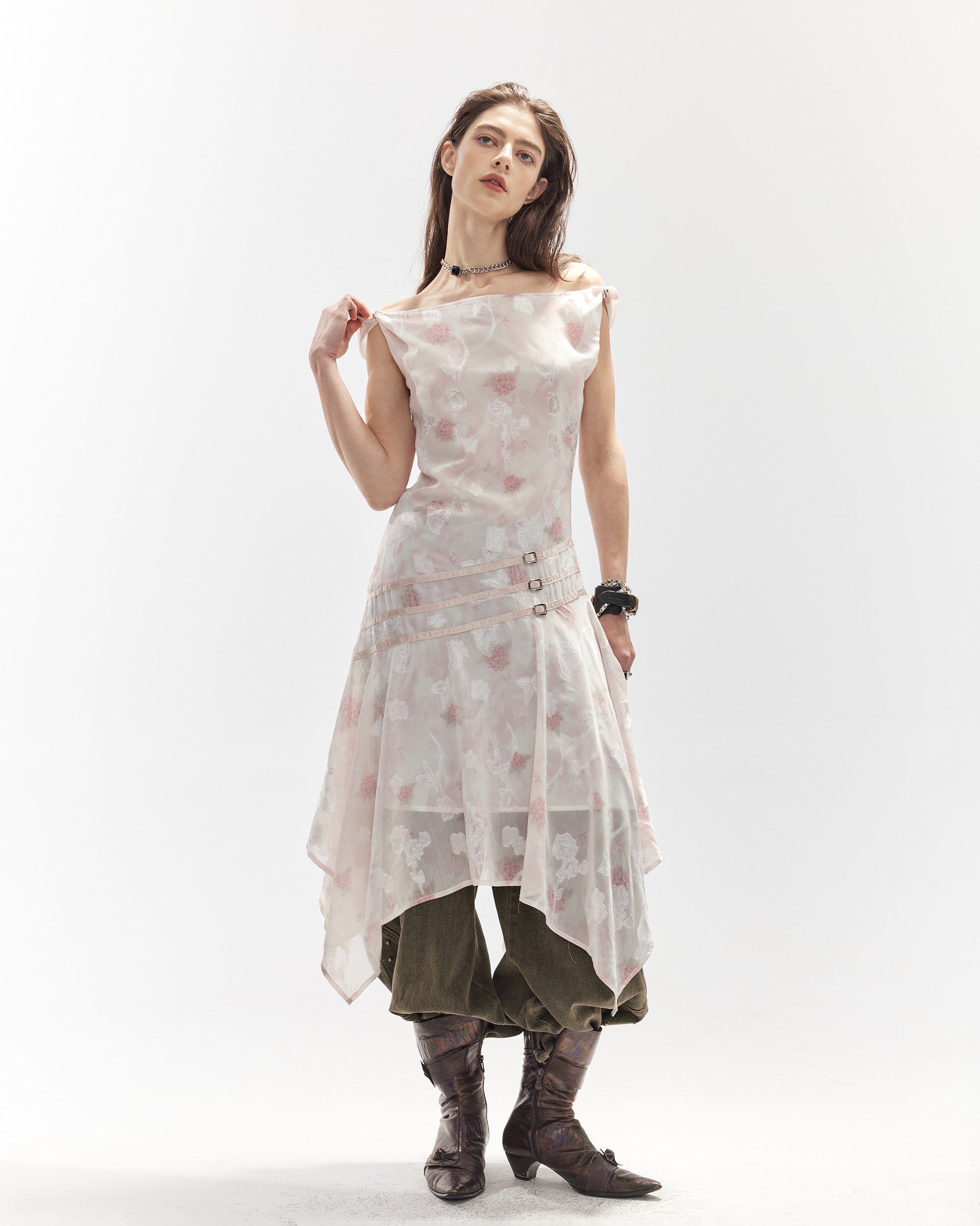 JIUWU PARK Floral Chiffon Asymmetrical Hem Dress