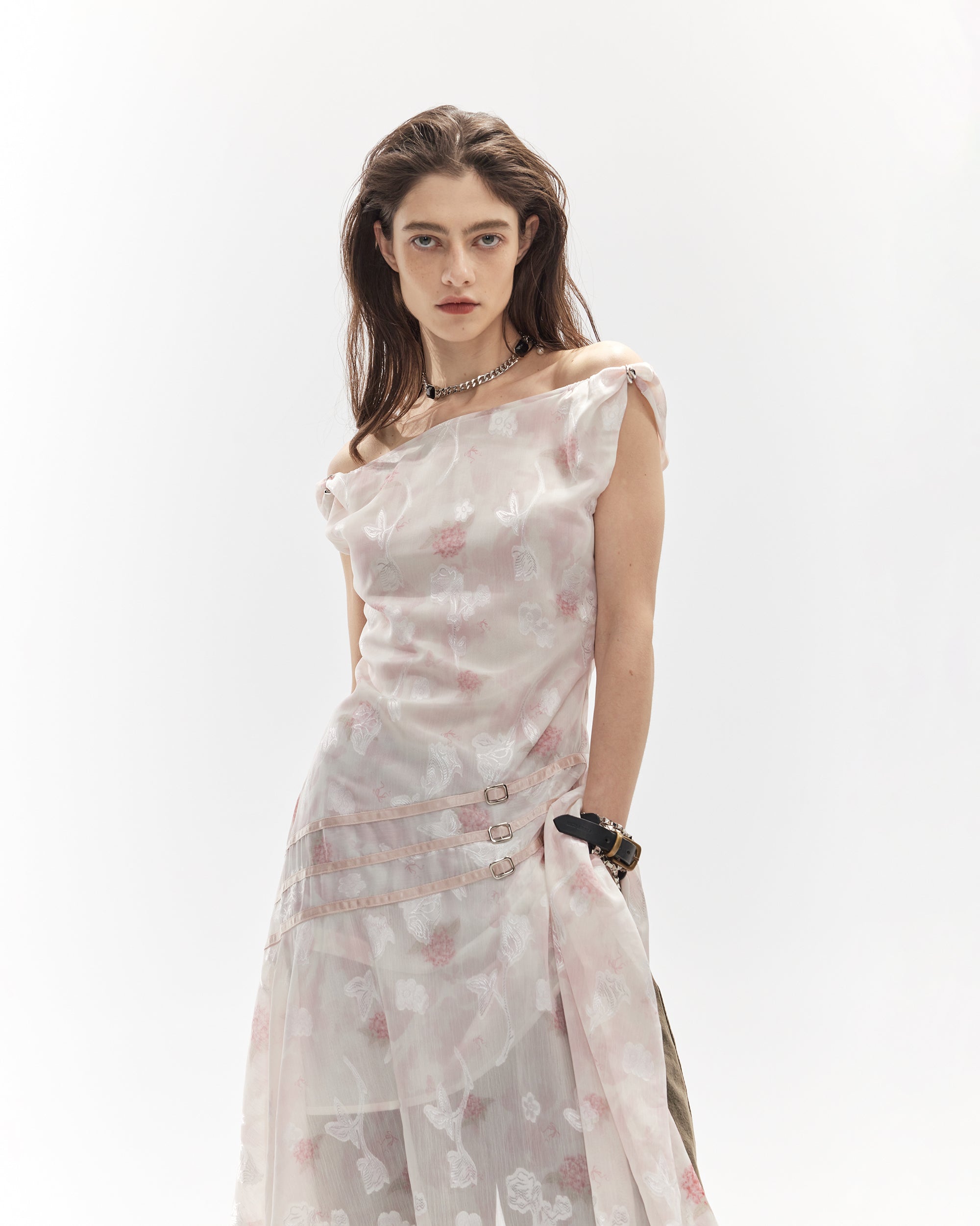 JIUWU PARK Floral Chiffon Asymmetrical Hem Dress