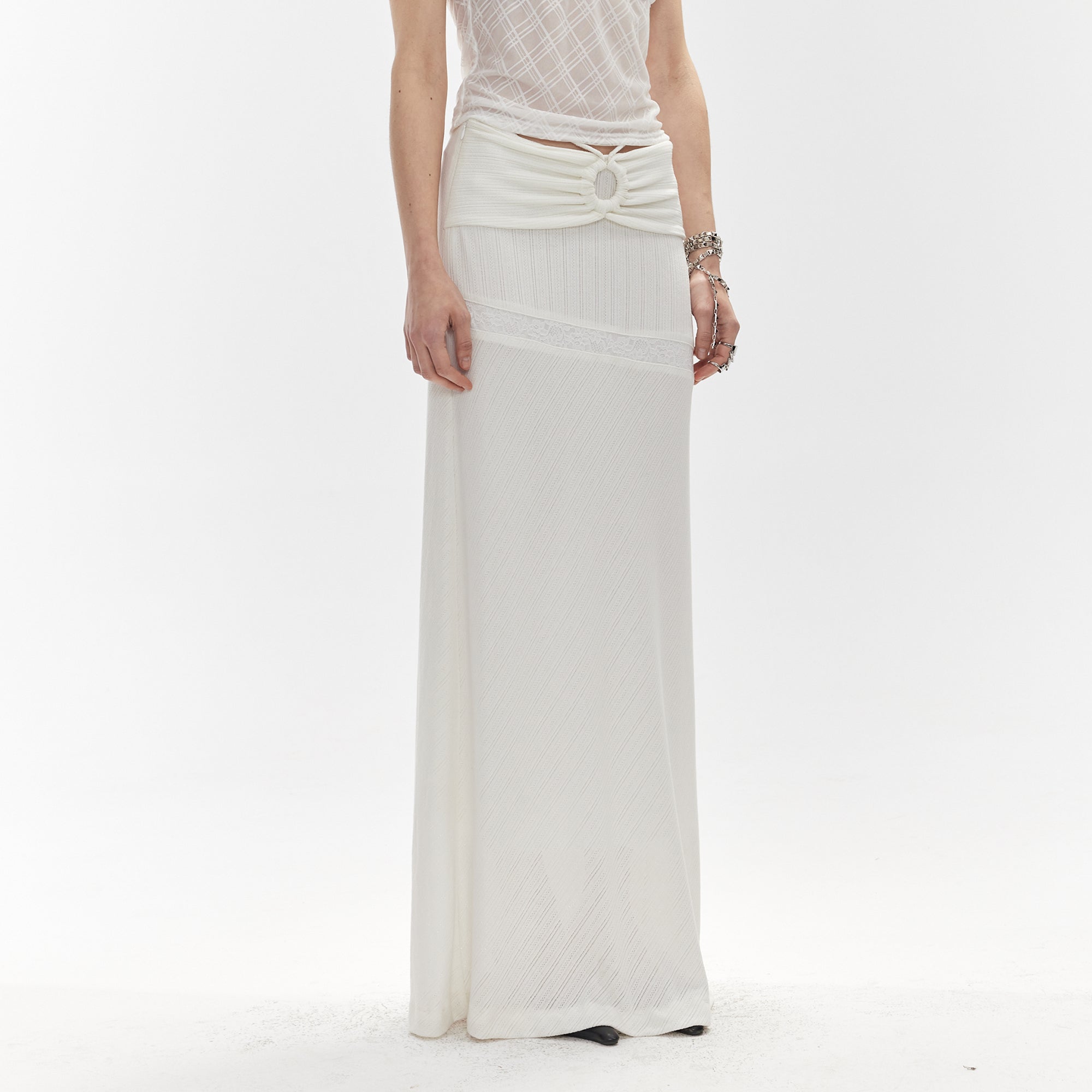 JIUWU PARK Drawstring Waist Lace-Insert Maxi Skirt