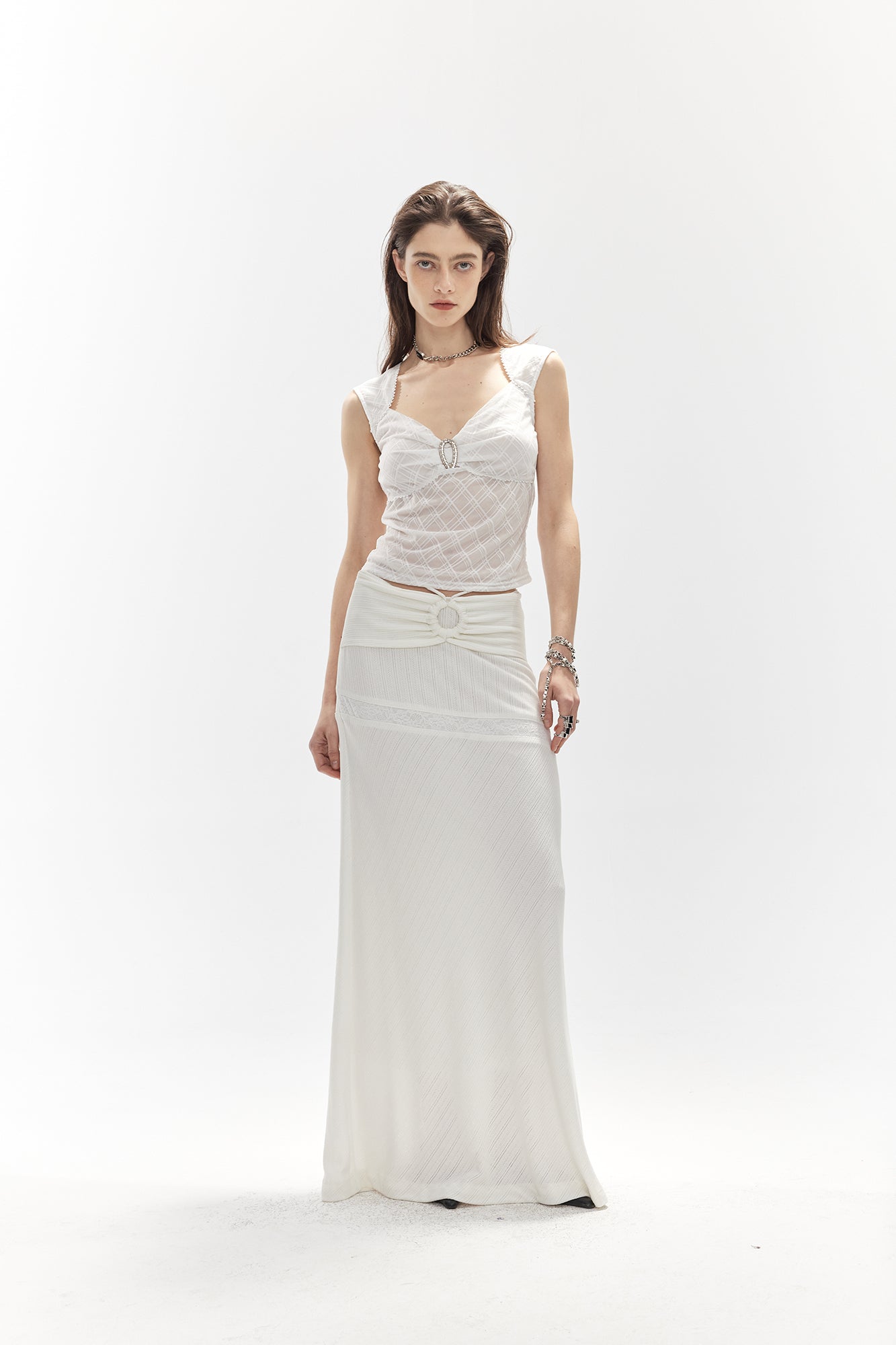JIUWU PARK Drawstring Waist Lace-Insert Maxi Skirt