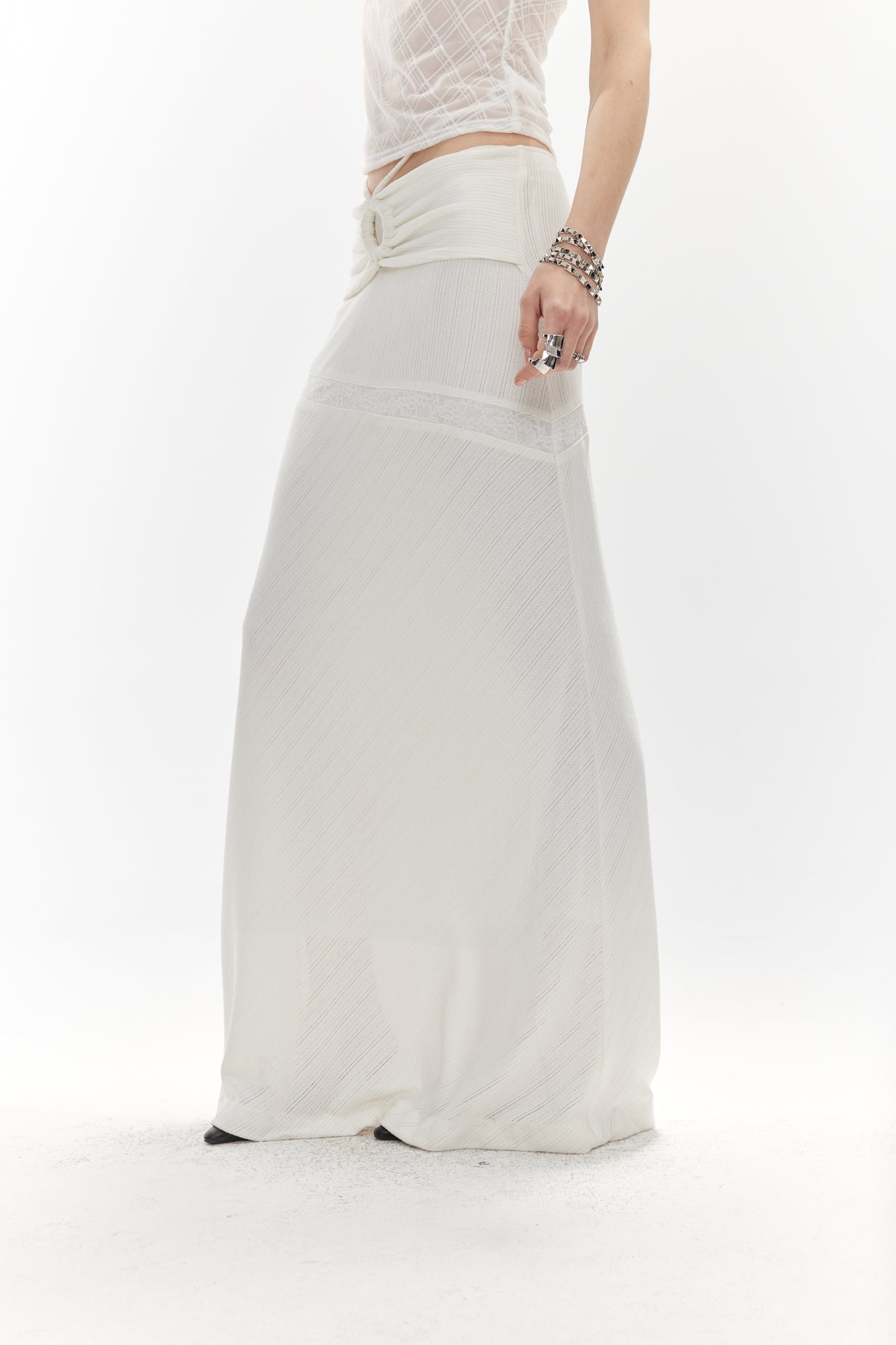 JIUWU PARK Drawstring Waist Lace-Insert Maxi Skirt