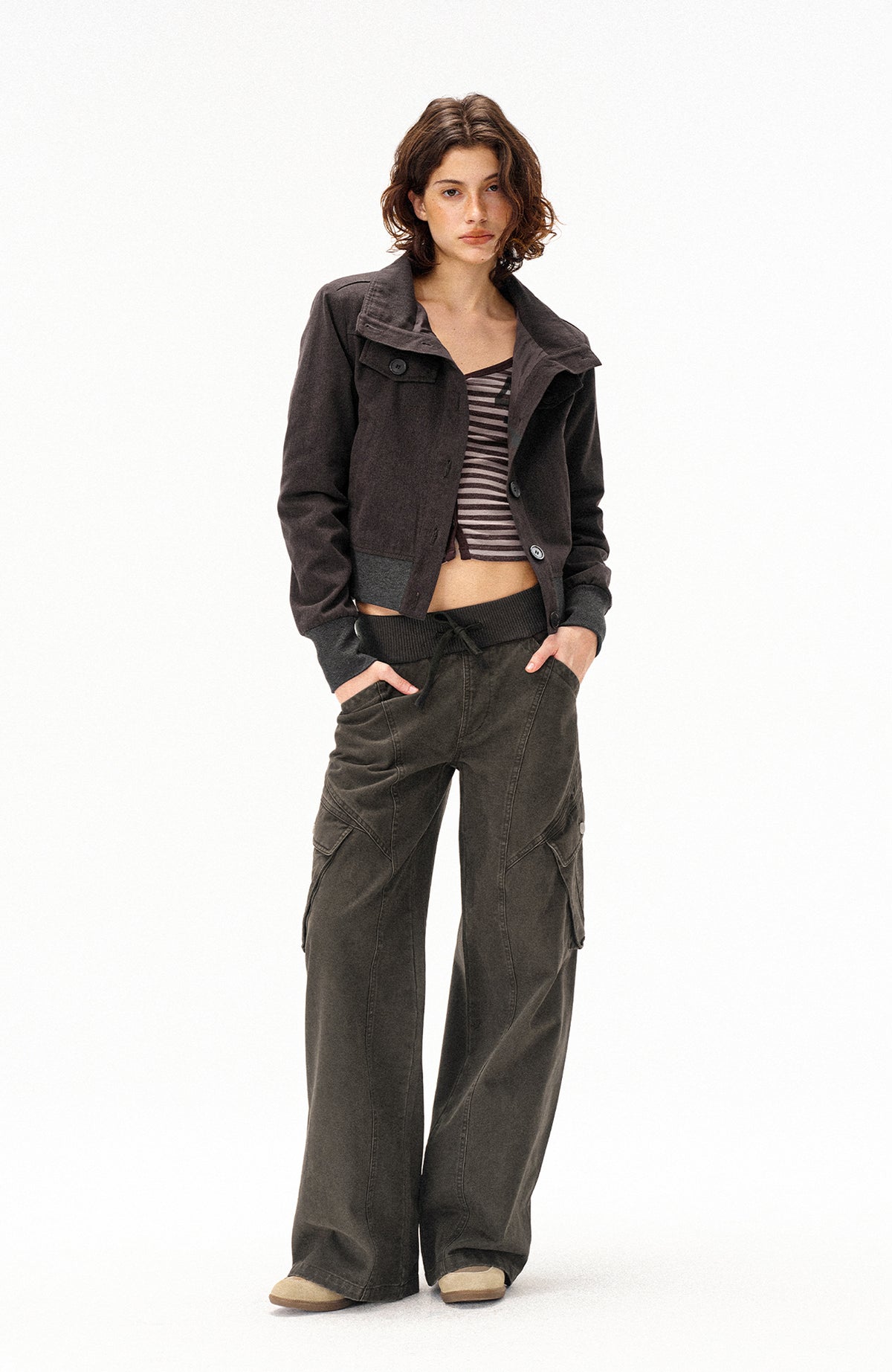 COSTUSTOOT Multi-Pocket Washed Distressed Ribbed Waist Cargo Pants
