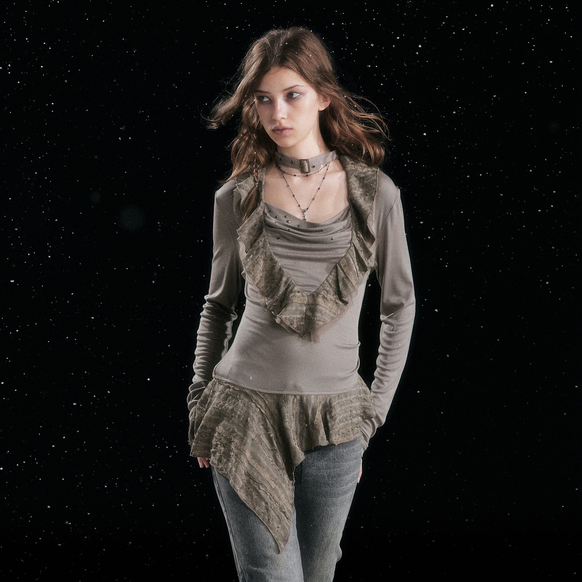 CESTNOUS Studded Ruffled Paneled Top