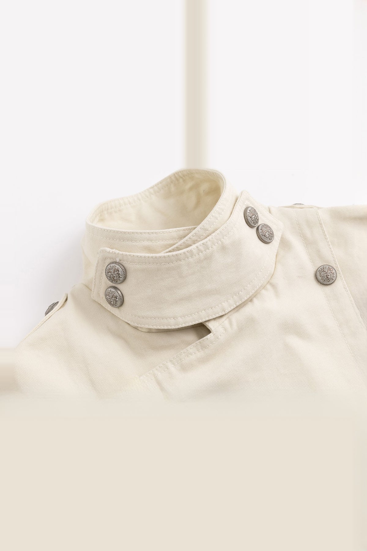 CESTNOUS Washed Lace-Trimmed Napoleon Collar Military Jacket — flat-lay detail · Cream